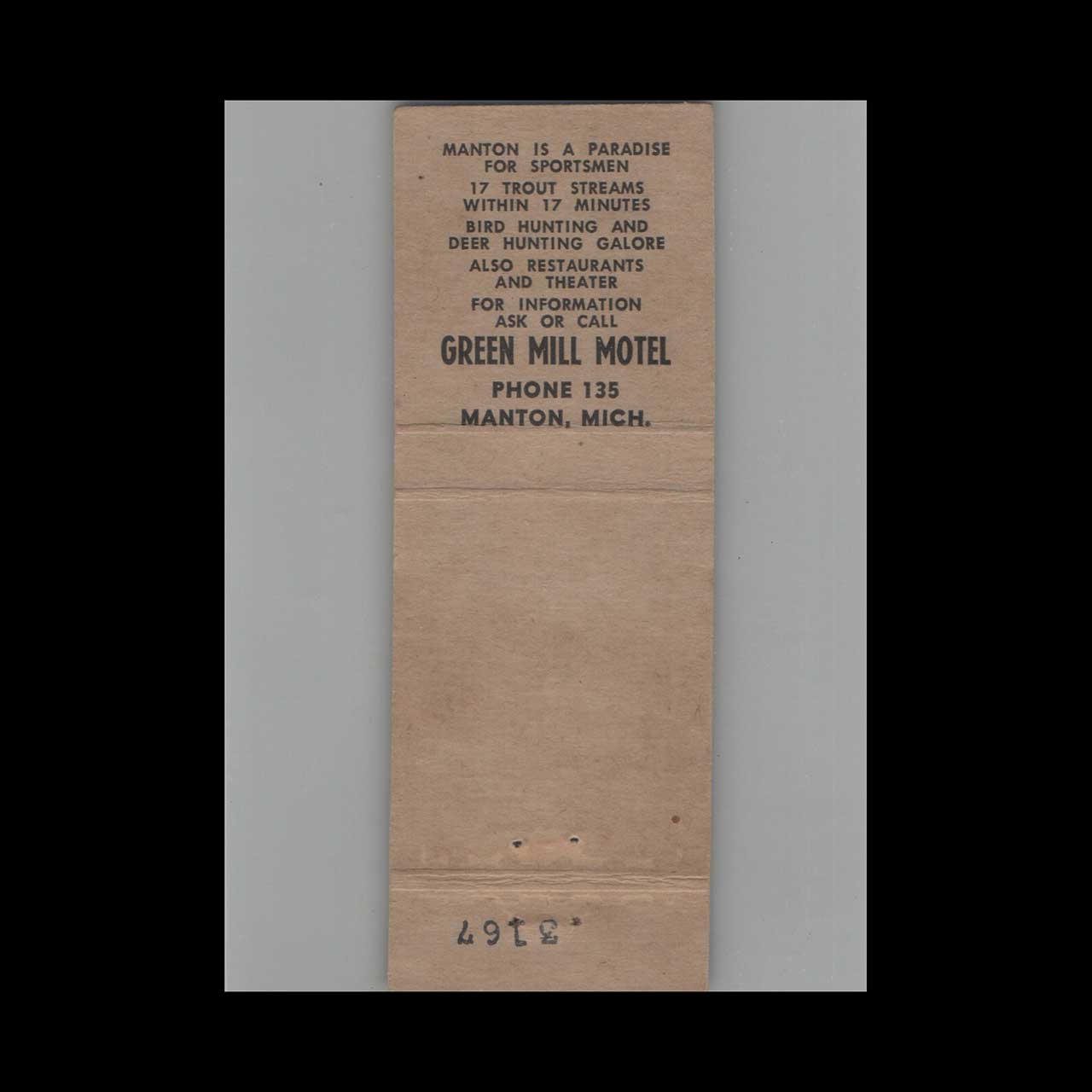 Matchbook Cover Green Mill Motel Manton MI Matchbook Cover Green Mill Motel Manton MI
