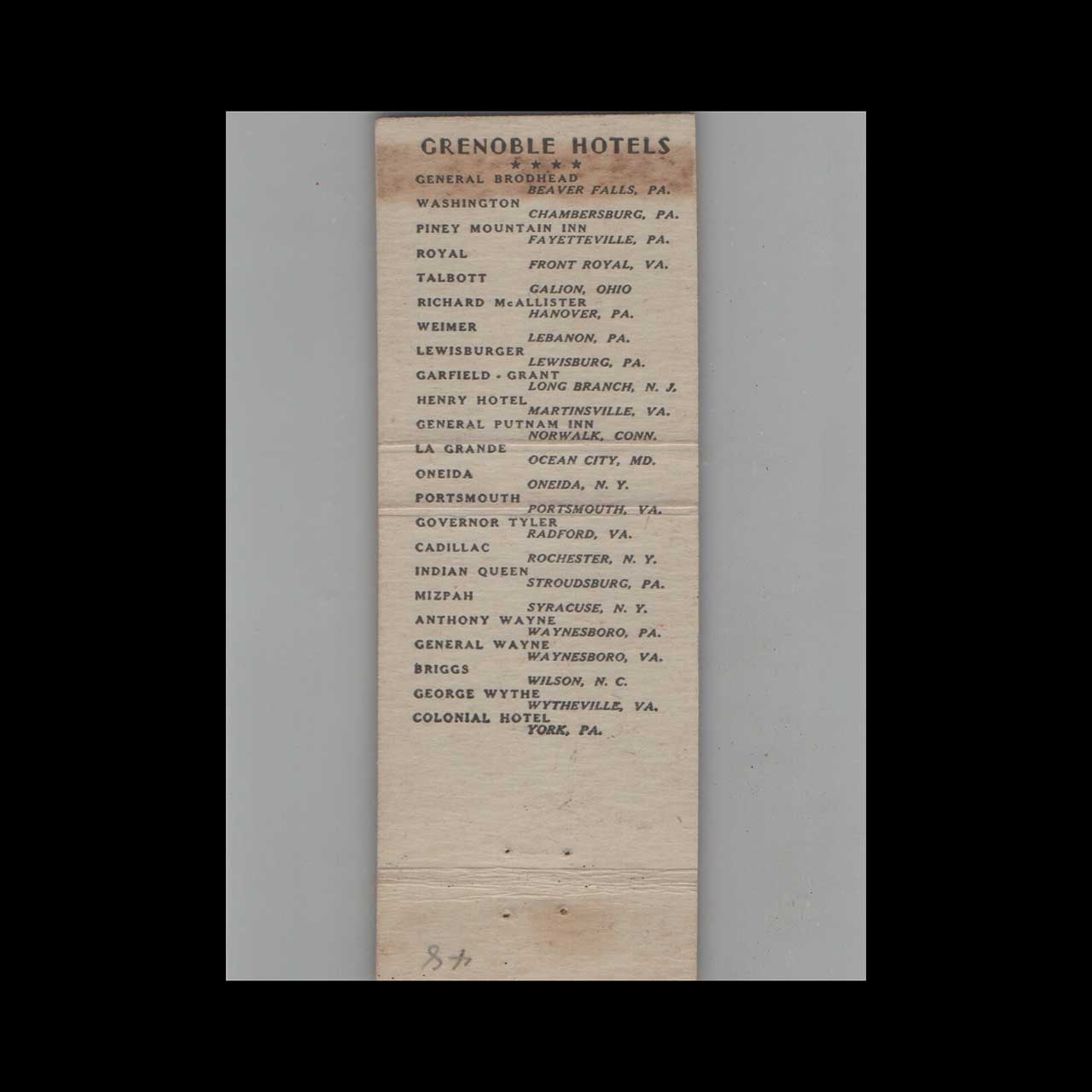 Matchbook Cover General Brodhead Hotel Matchbook Cover General Brodhead Hotel