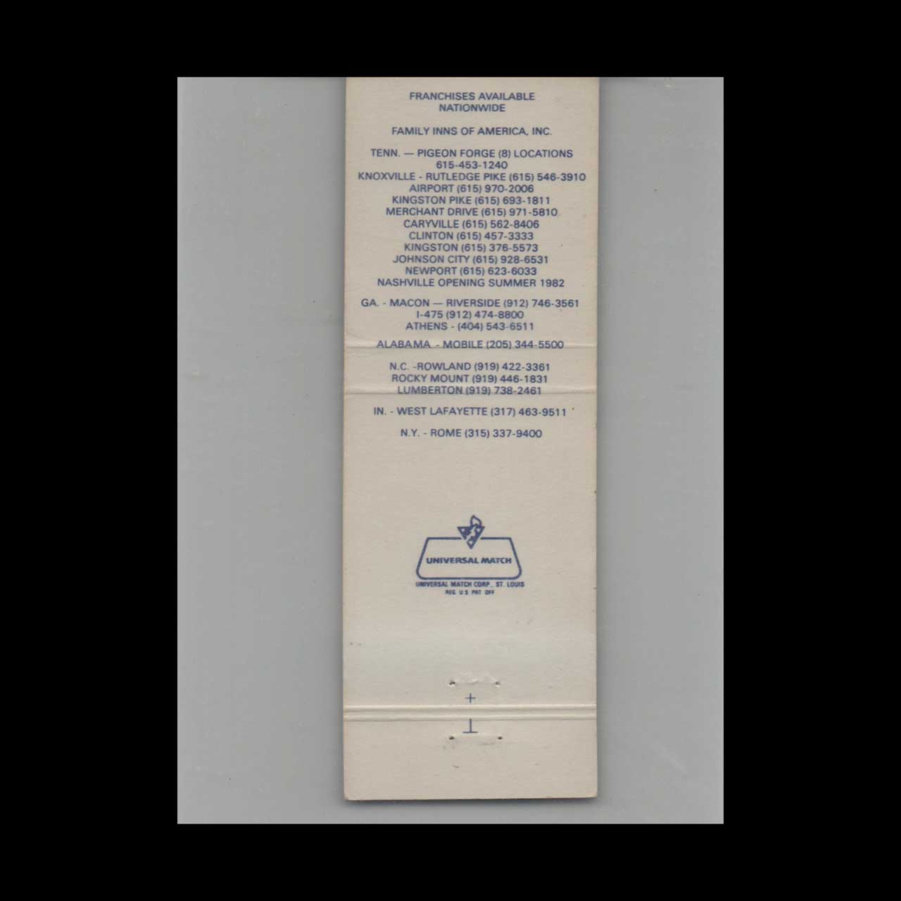 Matchbook Cover Family Inns of America Pigeon Forge TN Matchbook Cover Family Inns of America Pigeon Forge TN
