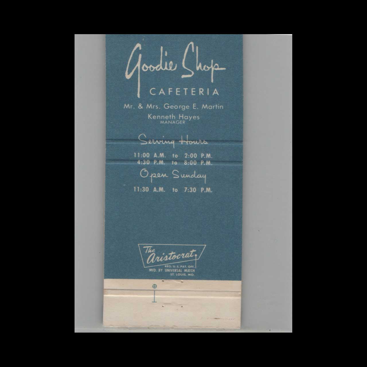Goodie Shop Cafeteria Terre Haute IN Matchbook Cover Goodie Shop Cafeteria Terre Haute IN Matchbook Cover