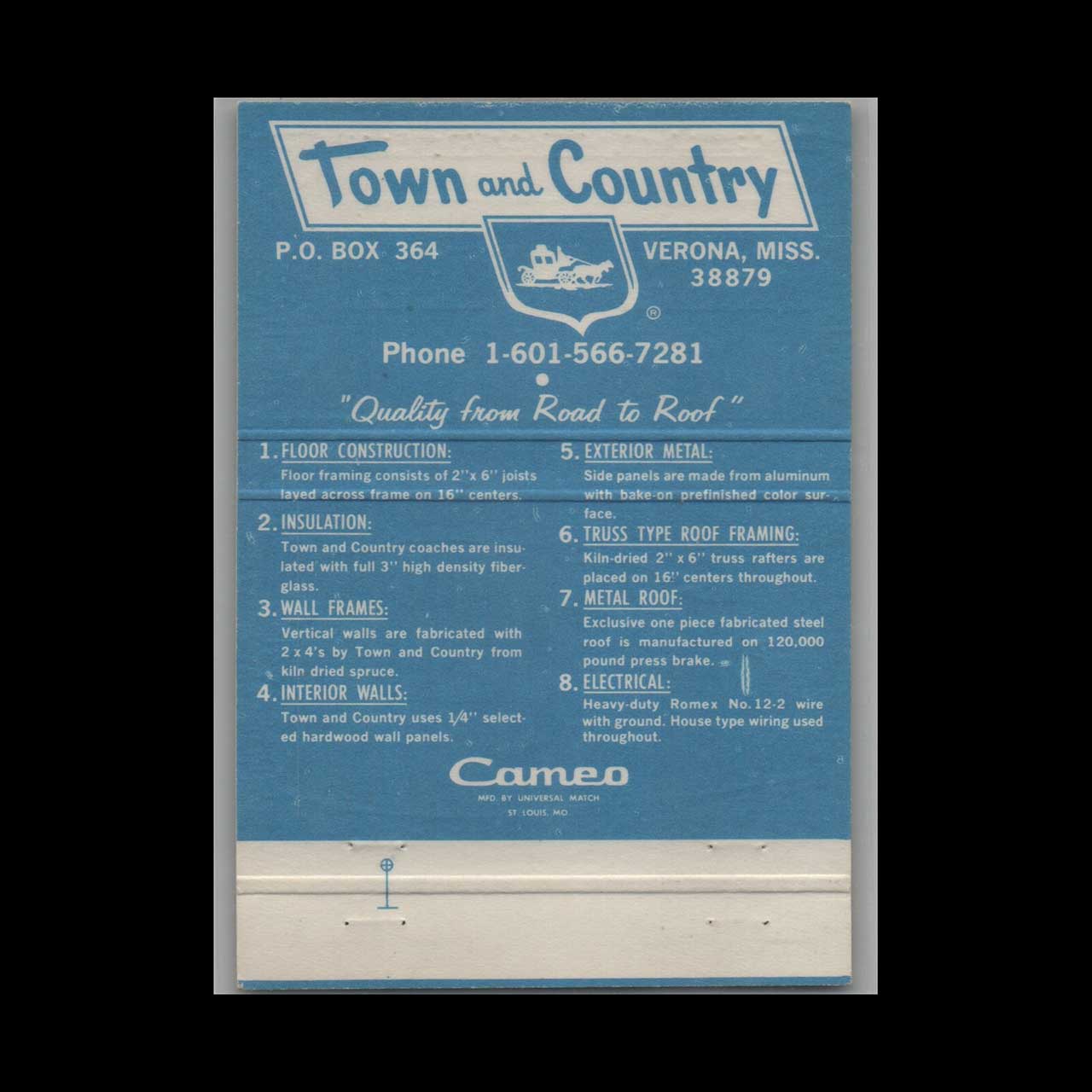 Town and Country Mobile Homes Verona MS Matchbook Cover Town and Country Mobile Homes Verona MS Matchbook Cover