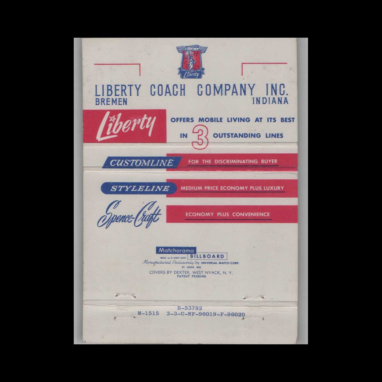 Liberty Coach Mobile Homes Bremen IN Matchbook Cover Liberty Coach Mobile Homes Bremen IN Matchbook Cover