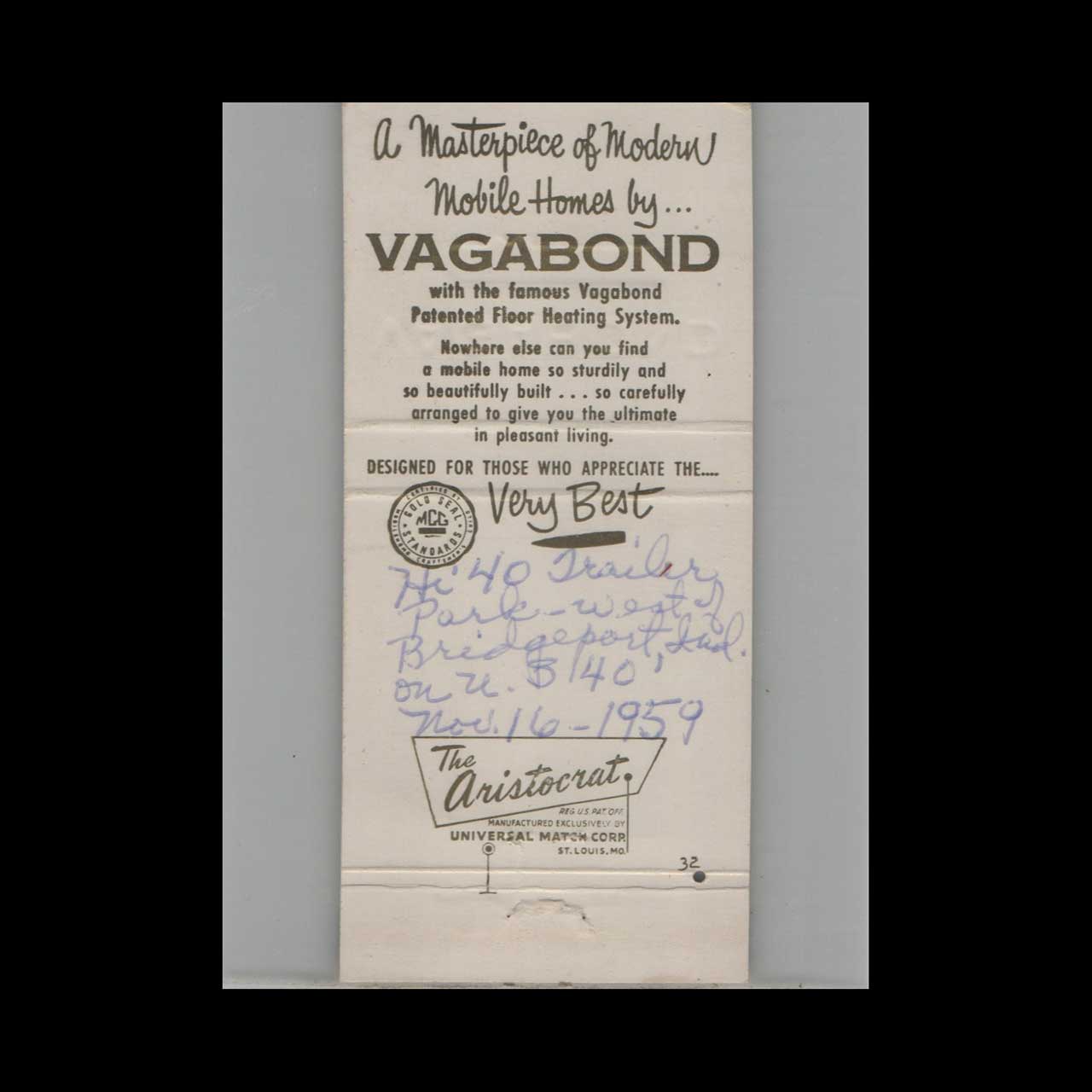 Vagabond Mobile Home Matchbook Cover New Hudson MI Vagabond Mobile Home Matchbook Cover New Hudson MI