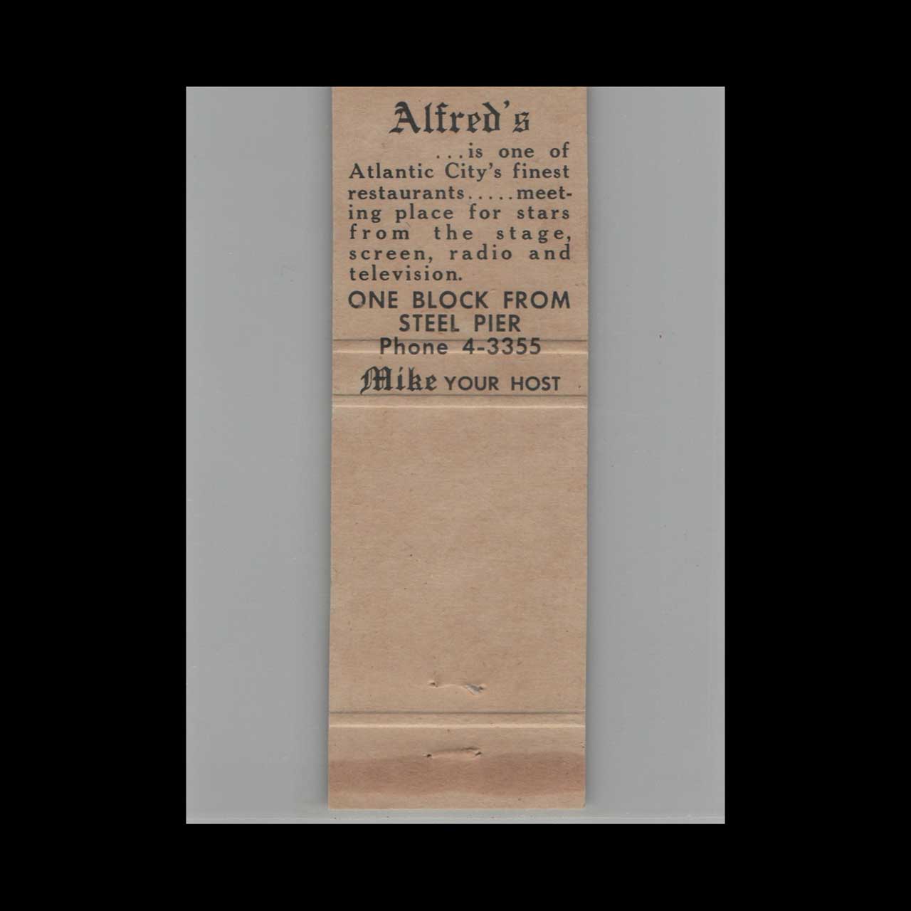 Alfreds Italian Restaurant Matchbook Cover Atlantic City Alfreds Italian Restaurant Matchbook Cover Atlantic City