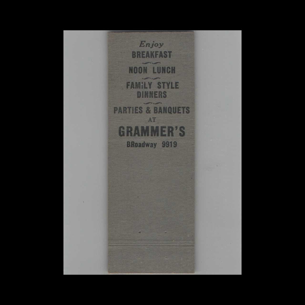 Grammers Restaurant & Soda Grill Milwaukee Matchbook Cover Grammers Restaurant & Soda Grill Milwaukee Matchbook Cover