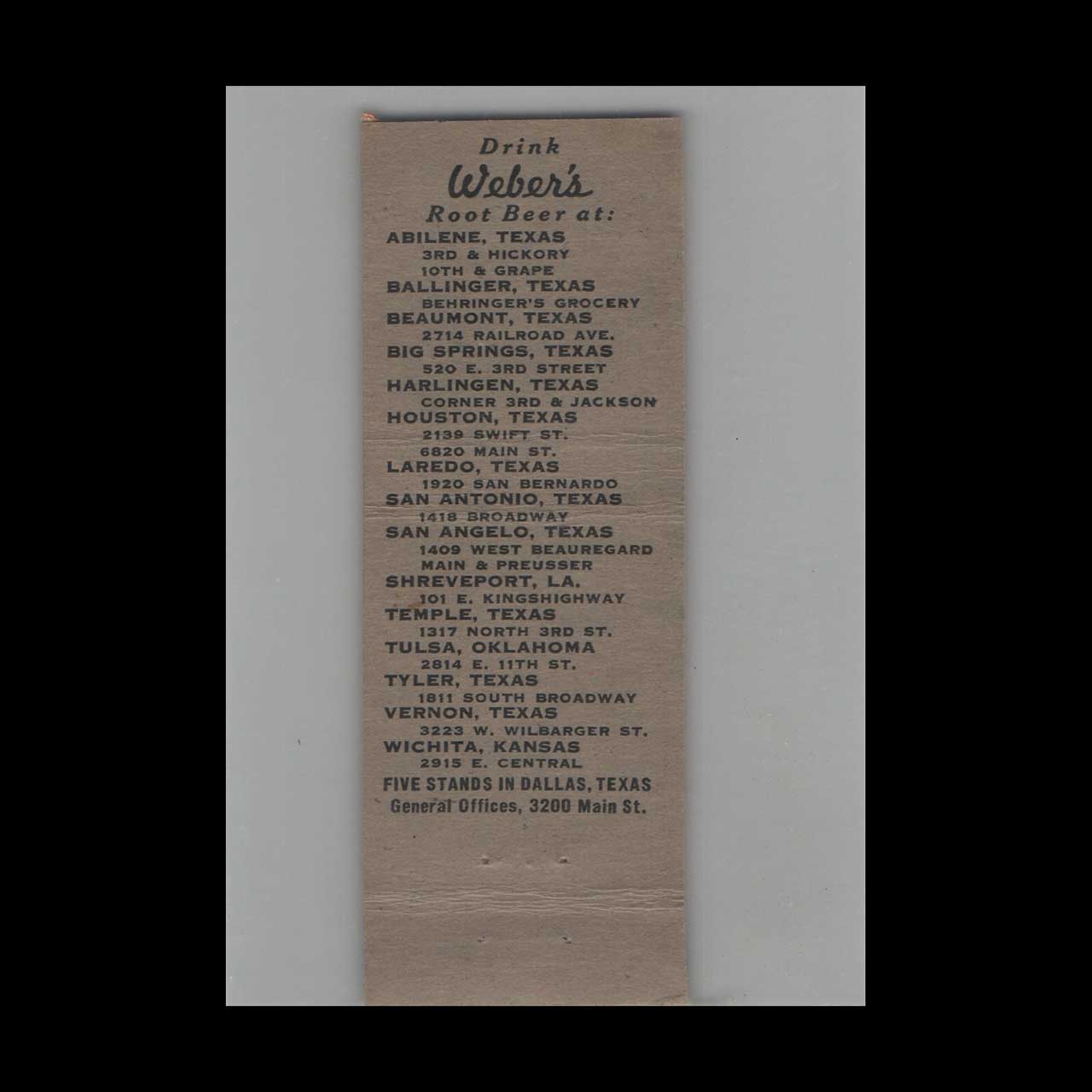 Webers Superior Root Beer Matchbook Cover Abilene TX Webers Superior Root Beer Matchbook Cover Abilene TX