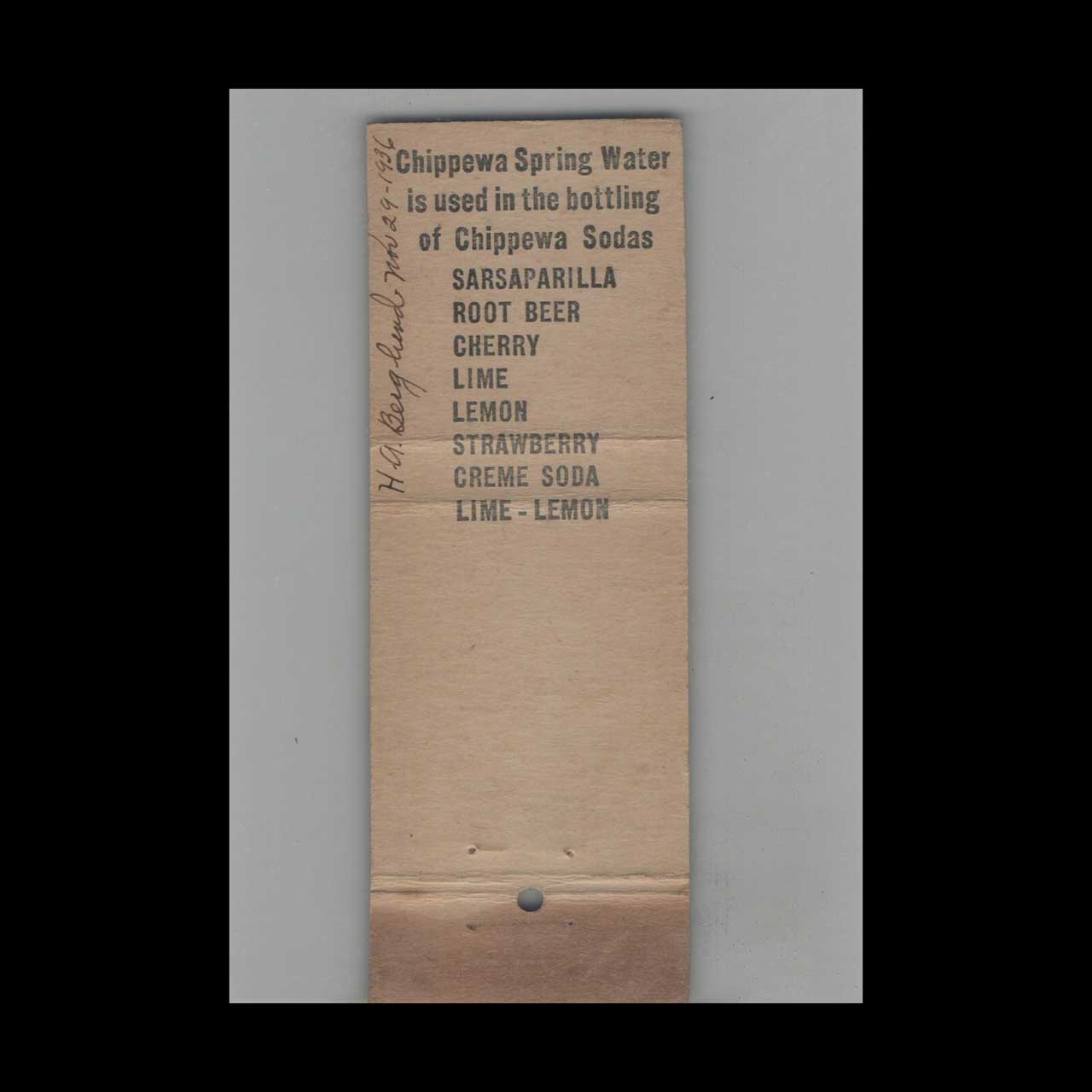 Chippewa Springs Water Nelsons Cafe Matchbook Cover Chippewa Springs Water Nelsons Cafe Matchbook Cover