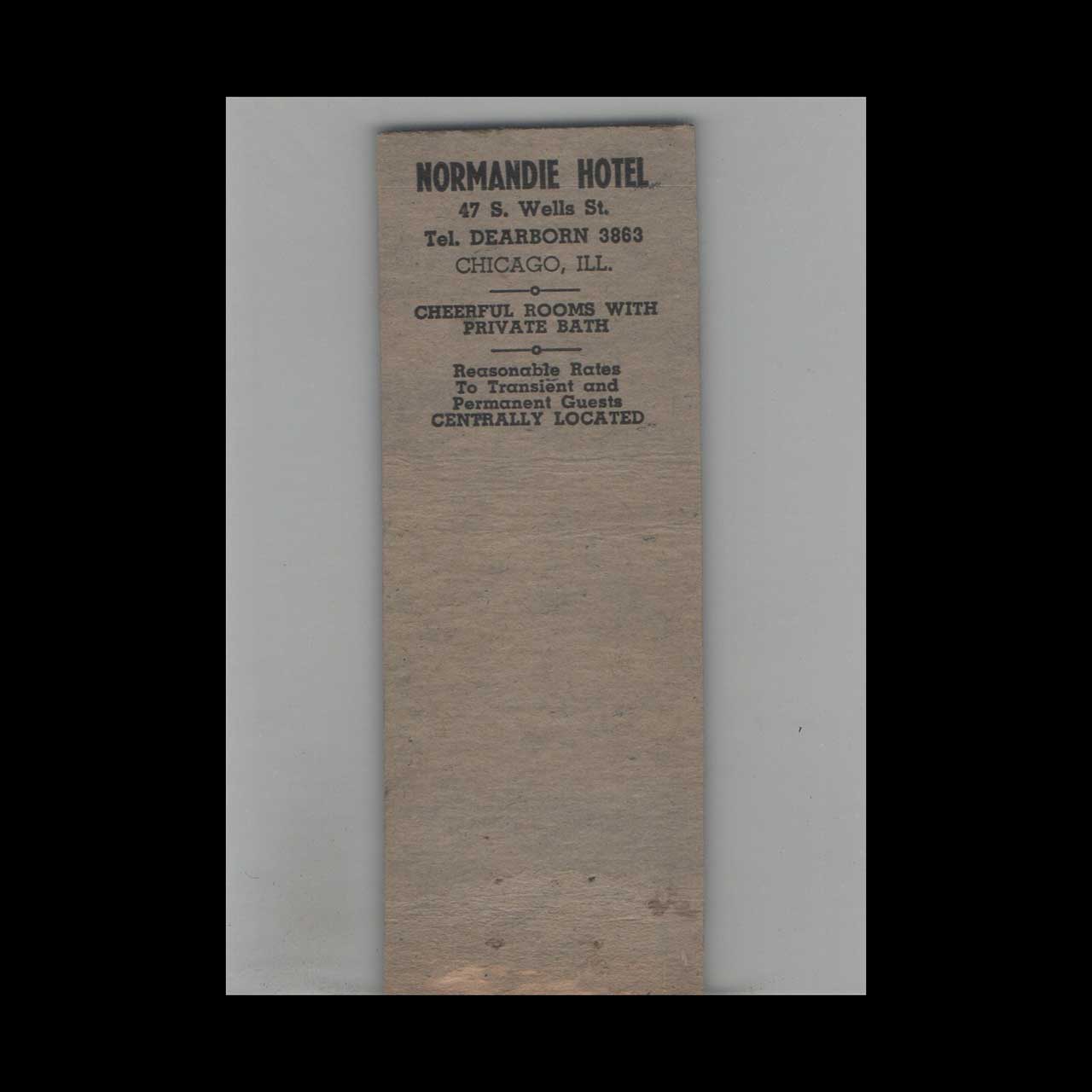 Modern Normandy Hotel Chicago Matchbook Cover Modern Normandy Hotel Chicago Matchbook Cover