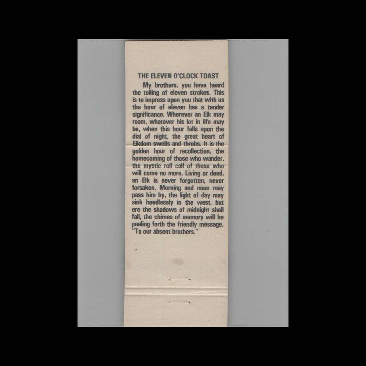 BPOE Elks Club 1993 Fullerton Matchbook Cover BPOE Elks Club 1993 Fullerton Matchbook Cover