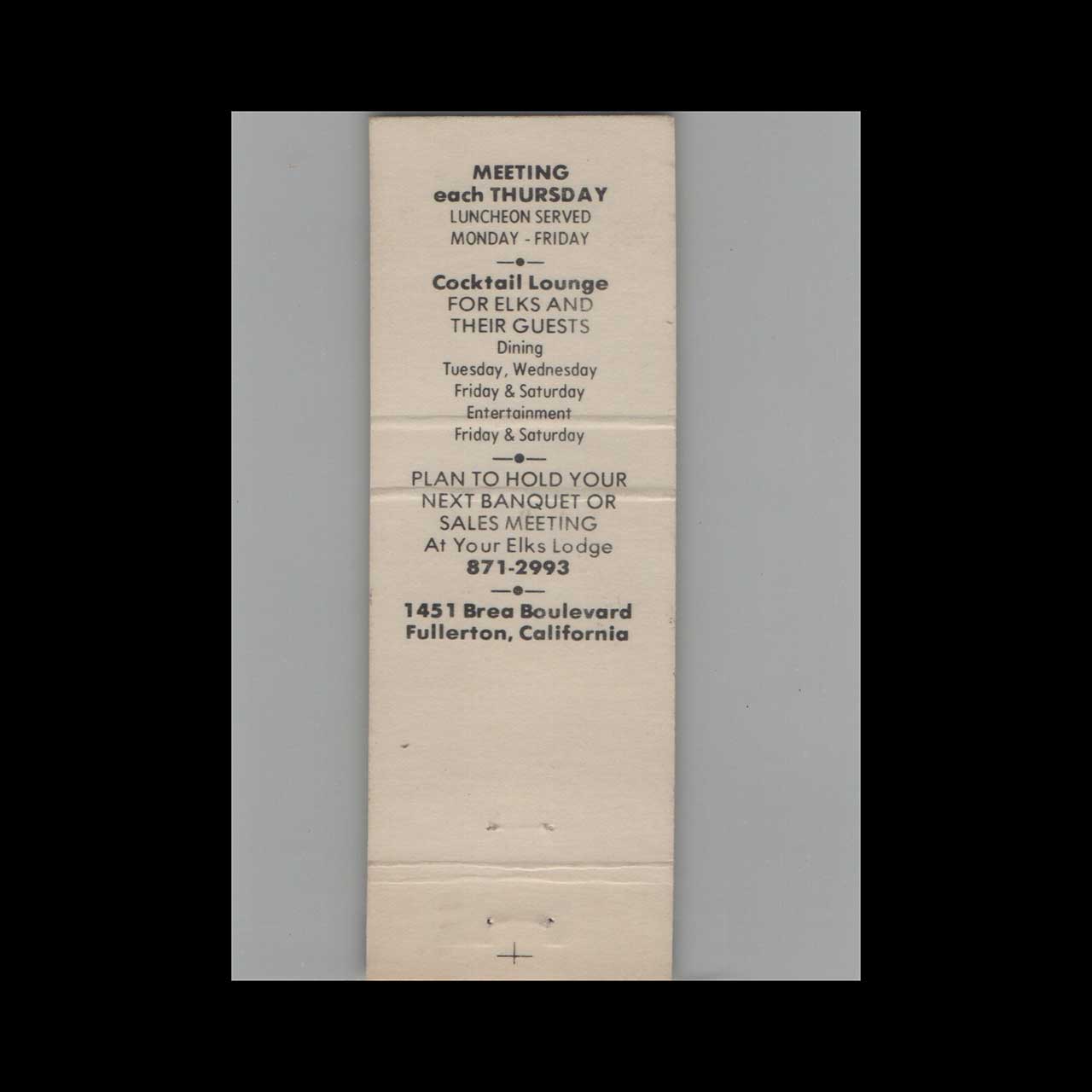 BPOE Elks Club 1993 Matchbook Cover Fullerton CA BPOE Elks Club 1993 Matchbook Cover Fullerton CA