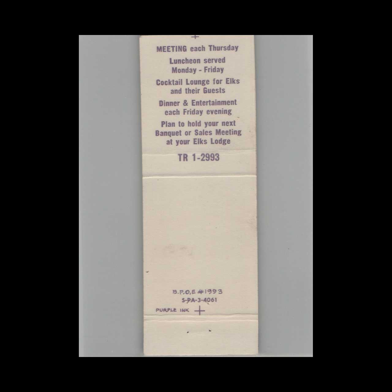 BPOE Elks Club 1993 Matchbook Cover Fullerton CA BPOE Elks Club 1993 Matchbook Cover Fullerton CA