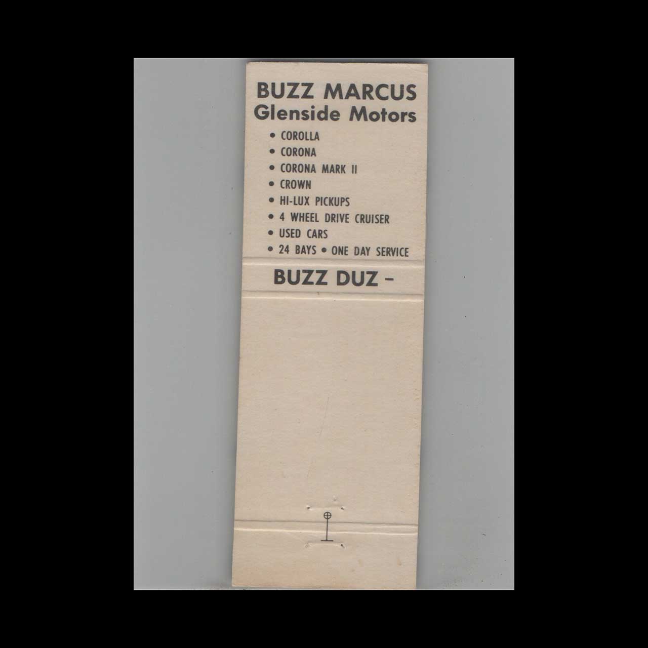 Buzz Marcus Glenside Motors Toyota Matchbook Cover Glenside PA Buzz Marcus Glenside Motors Toyota Matchbook Cover Glenside PA