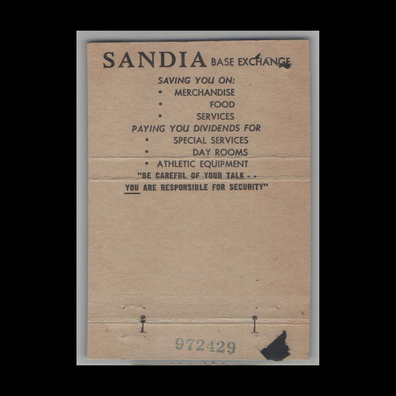 Sandia Air Force Base Matchbook Cover NM Sandia Air Force Base Matchbook Cover NM