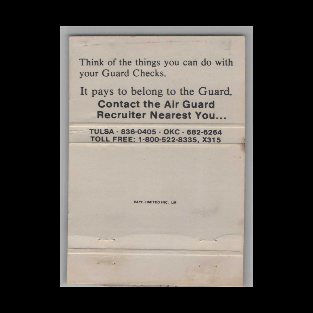 Oklahoma Air National Guard Tulsa Matchbook Cover Oklahoma Air National Guard Tulsa Matchbook Cover