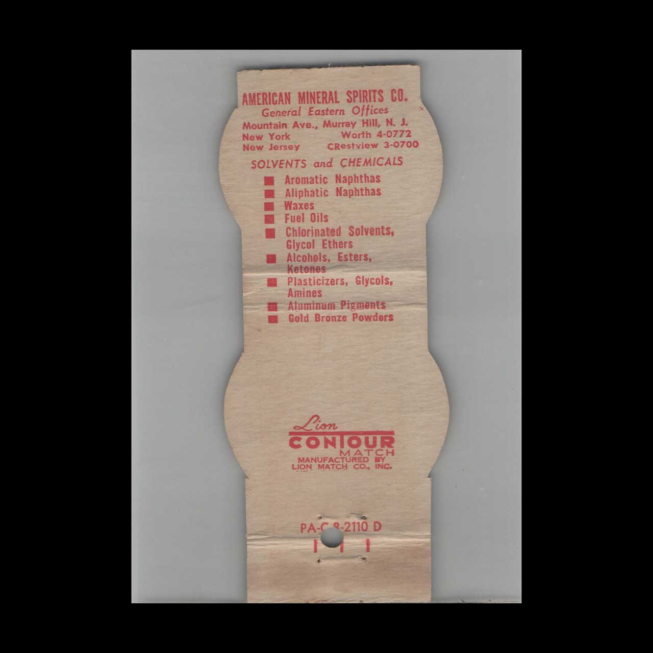 Matchbook Cover American Mineral Spirits Company Murray Hill NJ Matchbook Cover American Mineral Spirits Company Murray Hill NJ