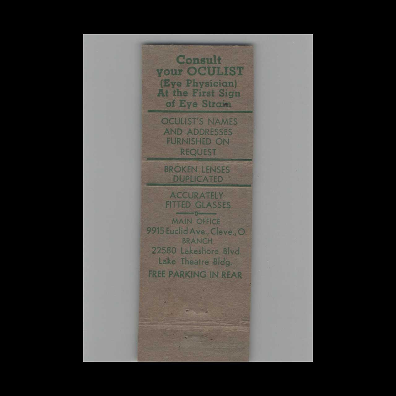 Matchbook Cover Precision Optical Co Cleveland OH Matchbook Cover Precision Optical Co Cleveland OH