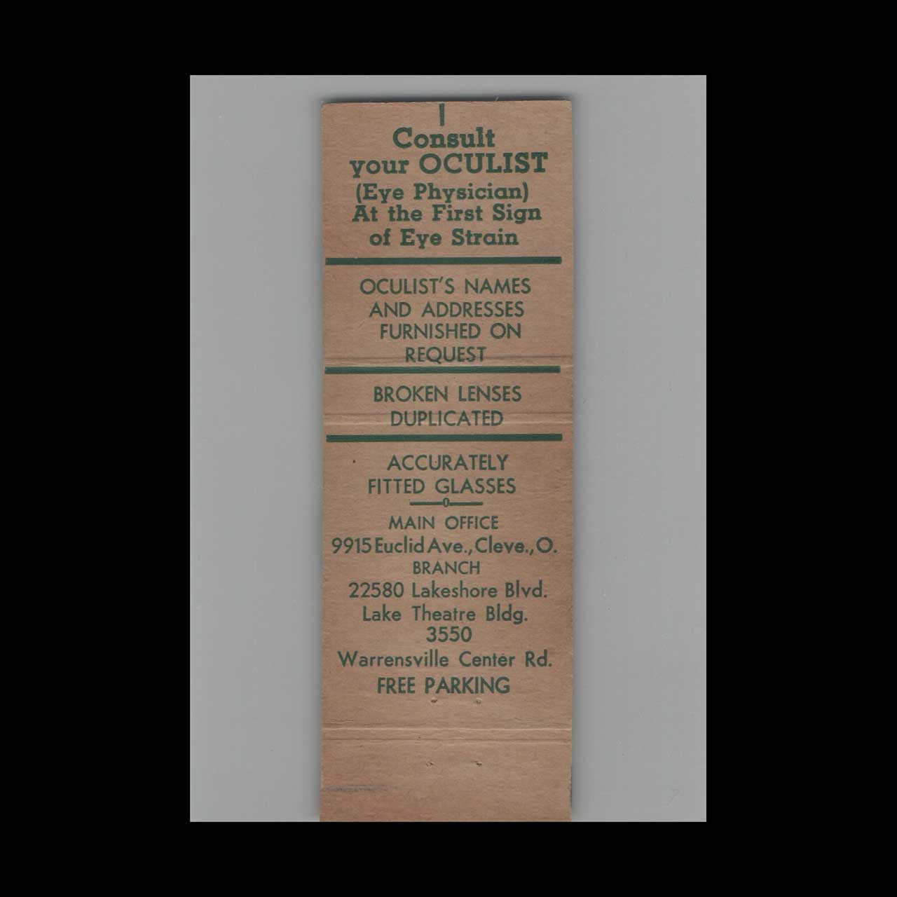 Matchbook Cover Precision Optical Co Cleveland OH Matchbook Cover Precision Optical Co Cleveland OH