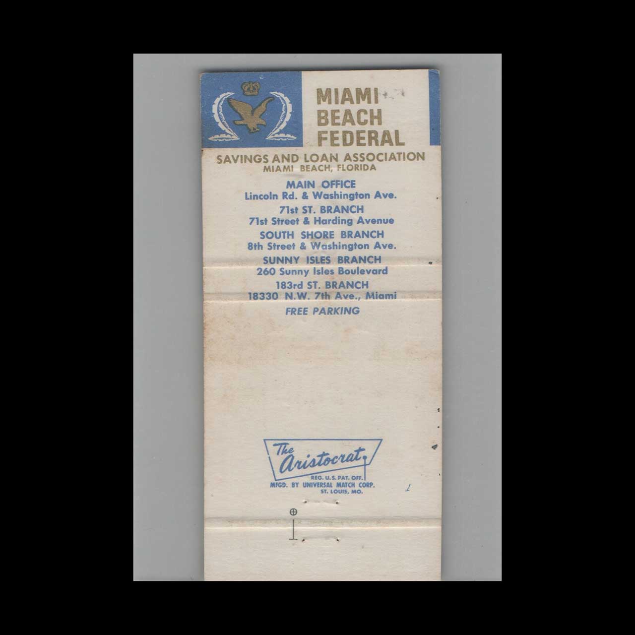 Matchbook Cover Miami Beach Federal Savings and Loan Association FL Matchbook Cover Miami Beach Federal Savings and Loan Association FL