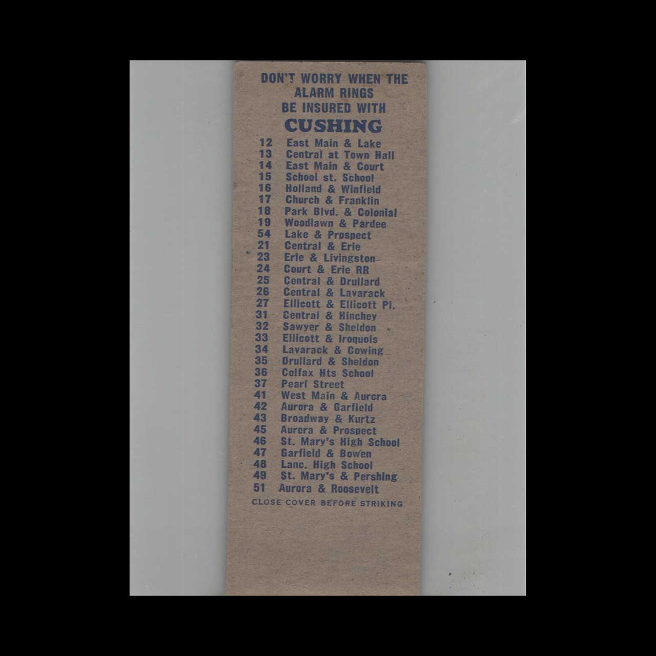 Full Length Matchbook Cover Cushings Drug Store Lancaster NY Full Length Matchbook Cover Cushings Drug Store Lancaster NY