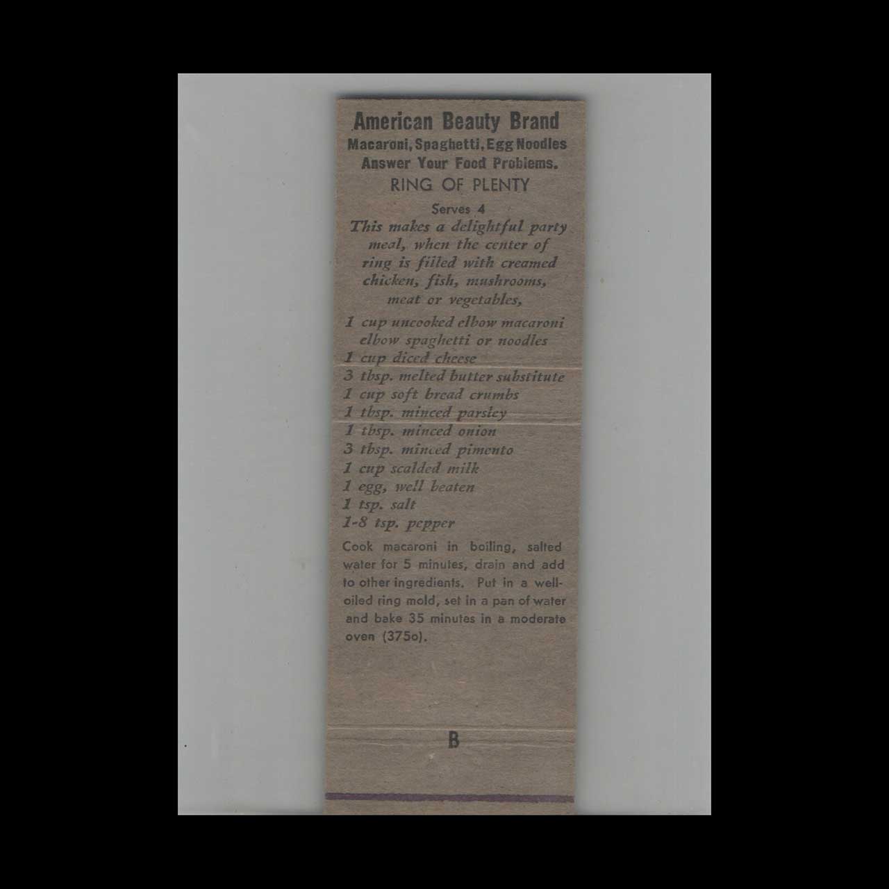 Full Length Matchbook Cover American Beauty Spaghetti With Recipe #3 Full Length Matchbook Cover American Beauty Spaghetti With Recipe #3