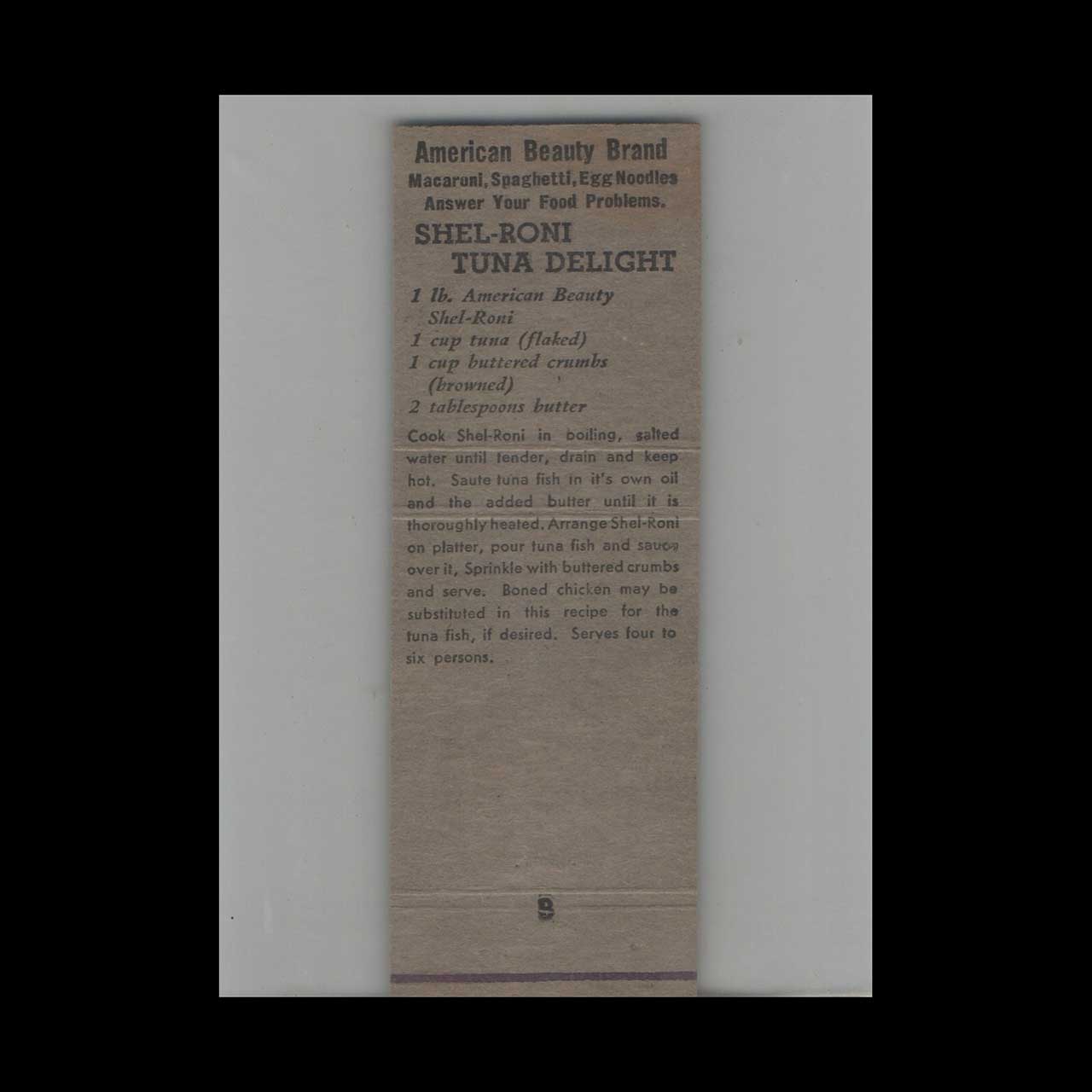 Full Length Matchbook Cover American Beauty Spaghetti With Recipe #4 Full Length Matchbook Cover American Beauty Spaghetti With Recipe #4