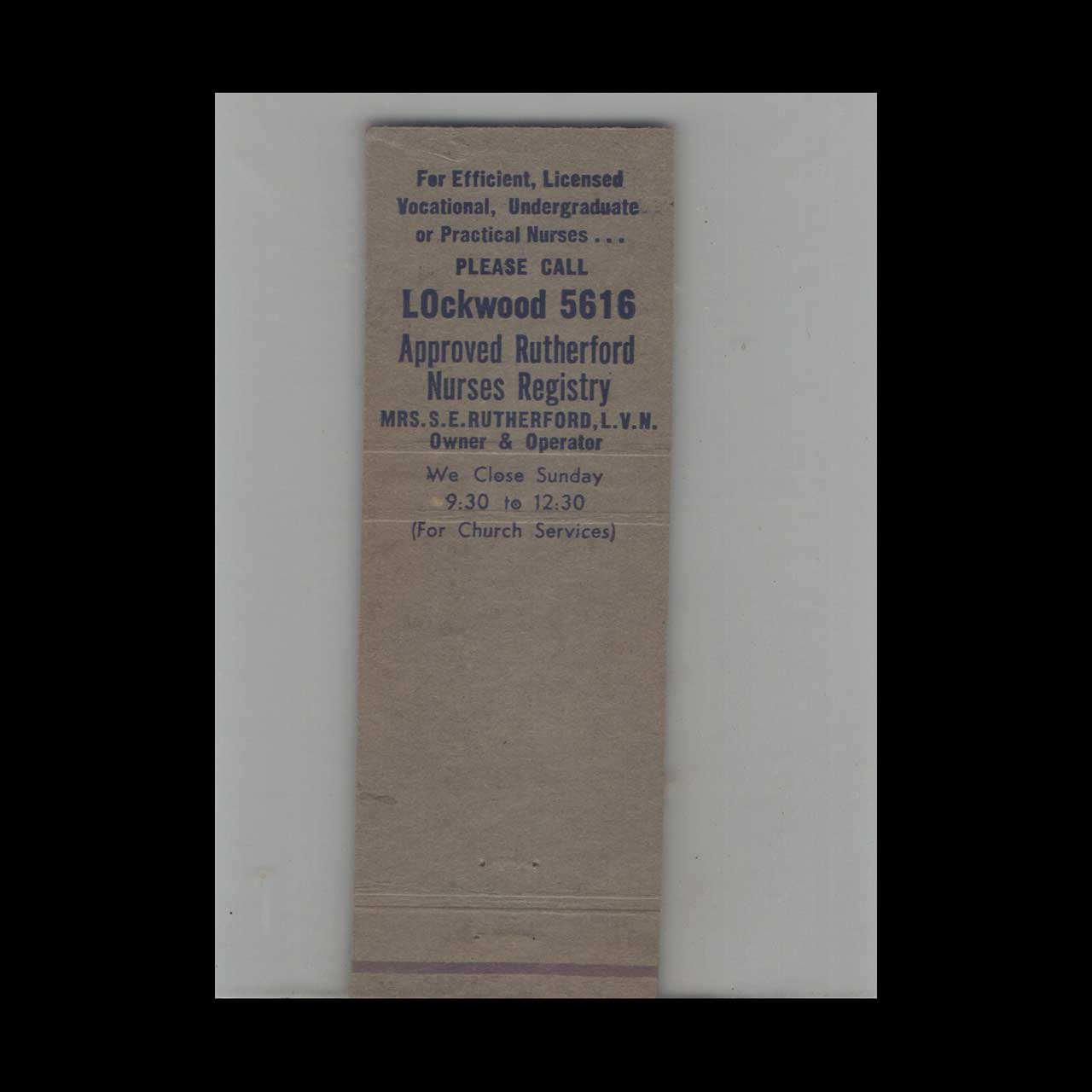 Approved Rutherford Nurses Registry Matchbook Cover Fort Worth TX Approved Rutherford Nurses Registry Matchbook Cover Fort Worth TX