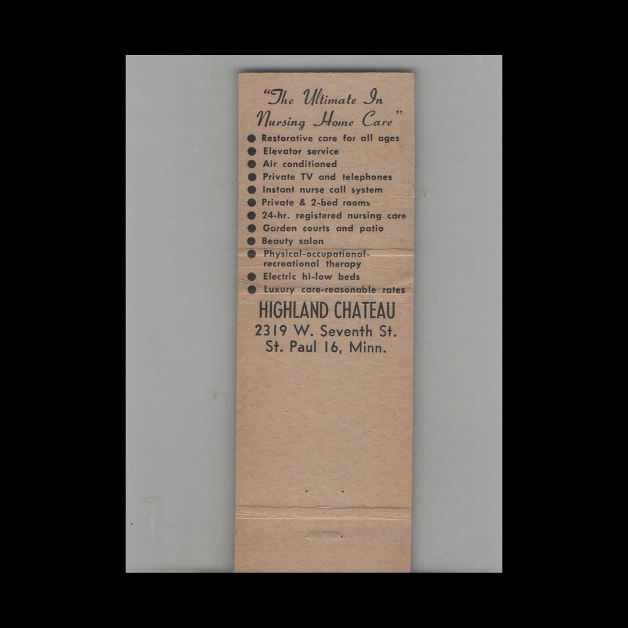 Matchbook Cover Highland Chateau Nursing Home St Paul MN Matchbook Cover Highland Chateau Nursing Home St Paul MN