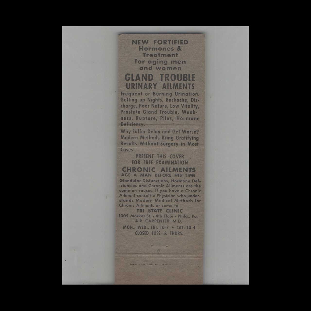 Matchbook Cover Tri State Clinic Philadelphia PA Matchbook Cover Tri State Clinic Philadelphia PA