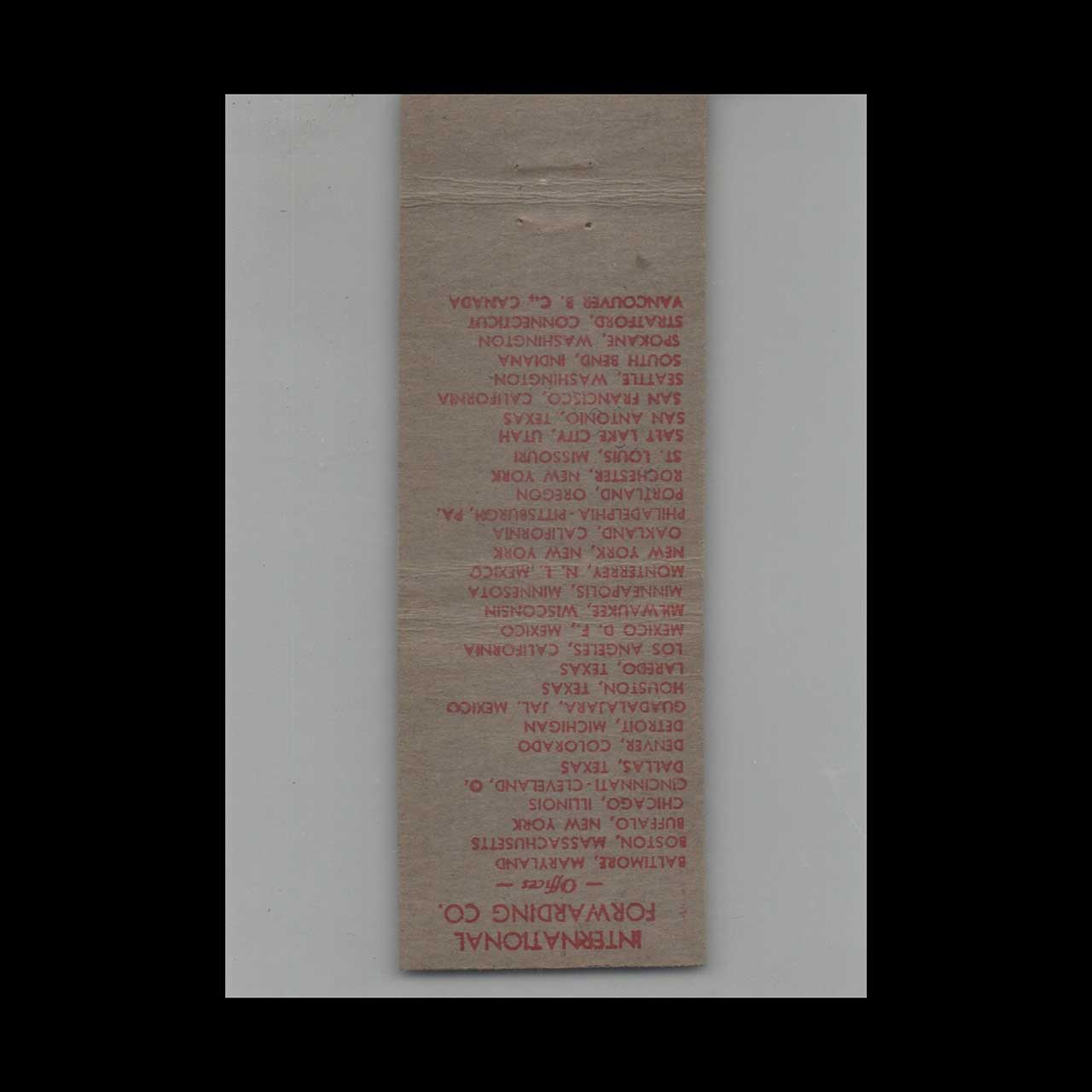 International Forwarding Co Salt Lake City Matchbook Cover International Forwarding Co Salt Lake City Matchbook Cover