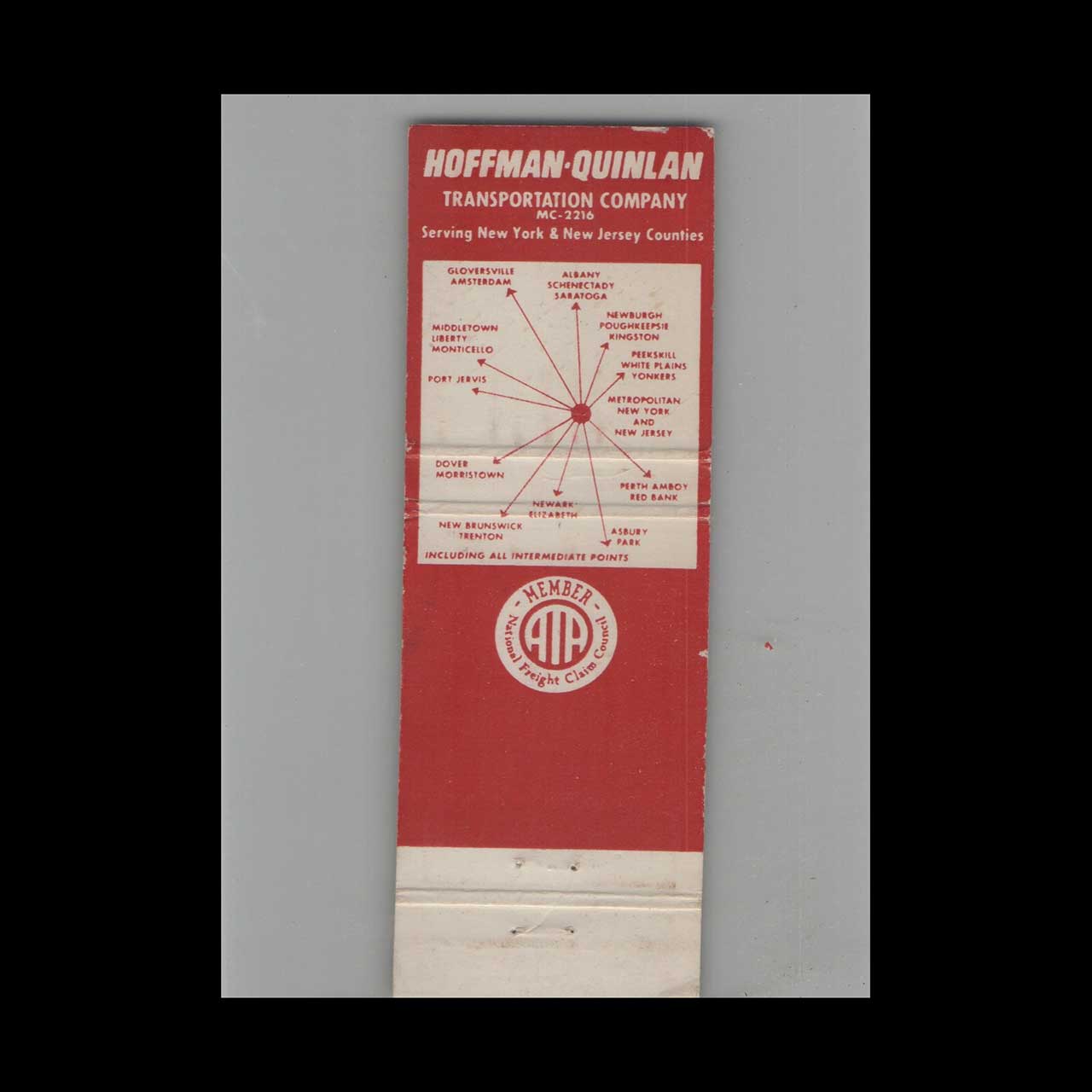 Hoffman Quinlan Transportation Co Matchbook Cover Paterson NJ Hoffman Quinlan Transportation Co Matchbook Cover Paterson NJ