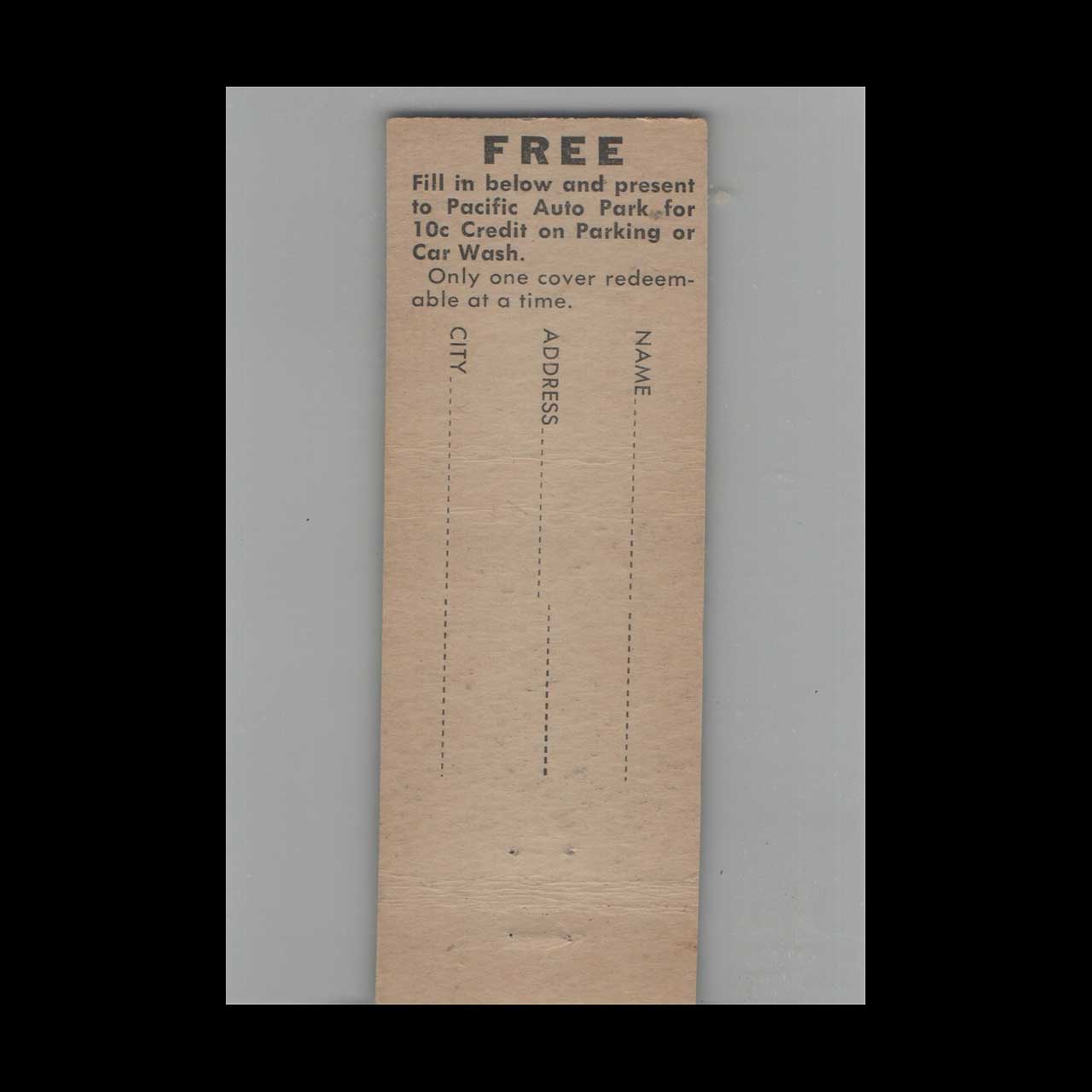Matchbook Cover Pacific Auto Park Long Beach CA Matchbook Cover Pacific Auto Park Long Beach CA