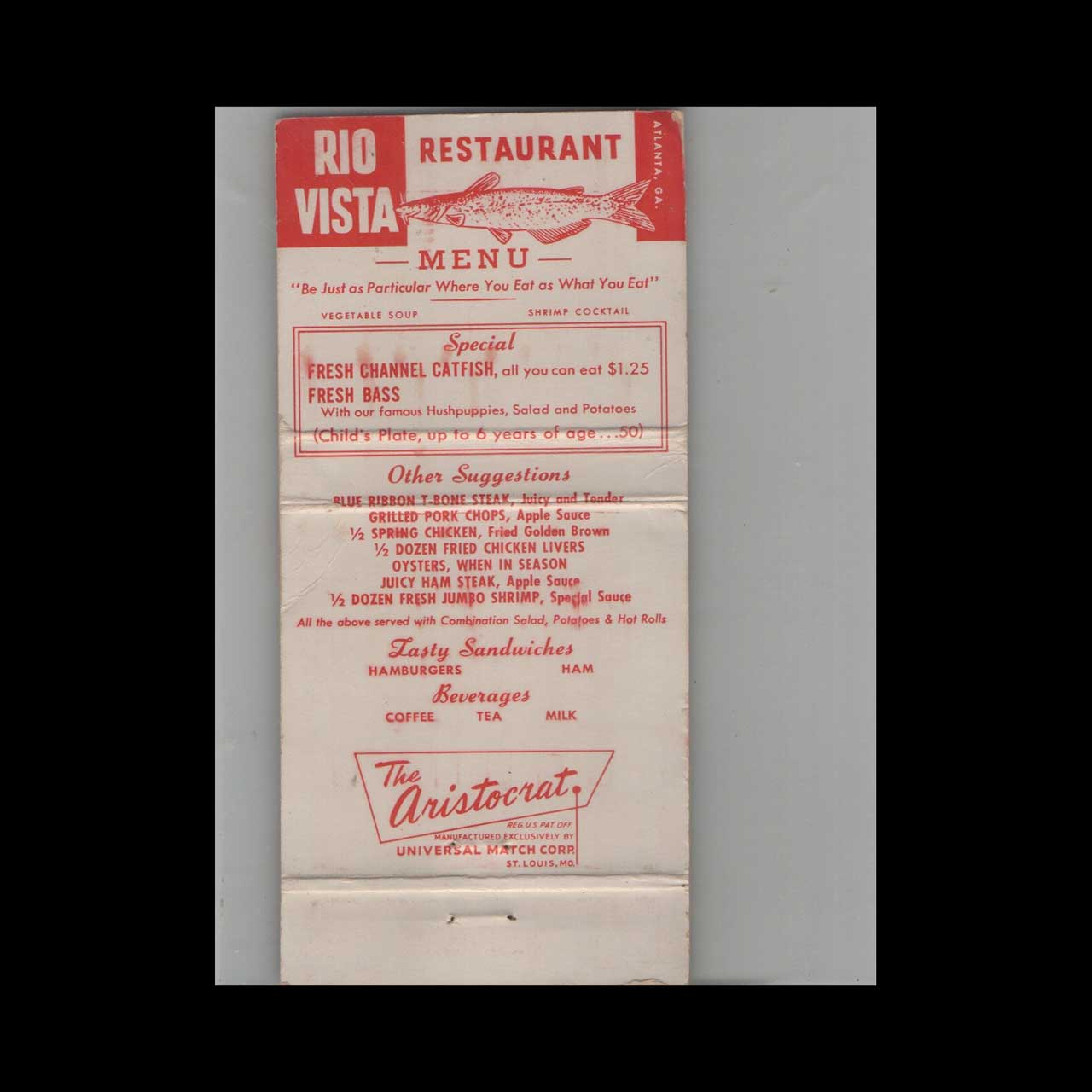 Rio Vista Restaurant Atlanta Matchbook Cover Rio Vista Restaurant Atlanta Matchbook Cover
