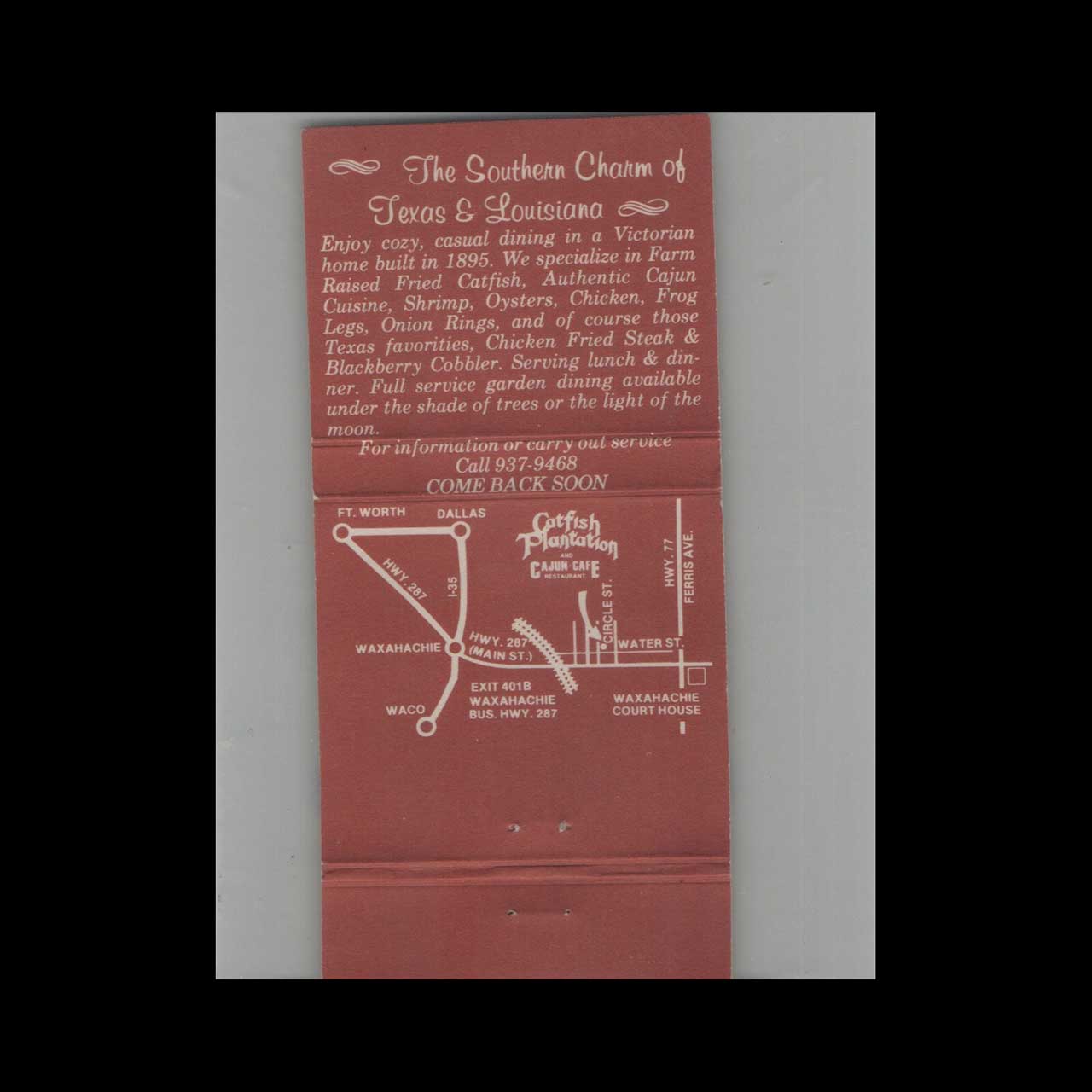 Catfish Plantation Restaurant Matchbook Cover Waxahachie TX Catfish Plantation Restaurant Matchbook Cover Waxahachie TX