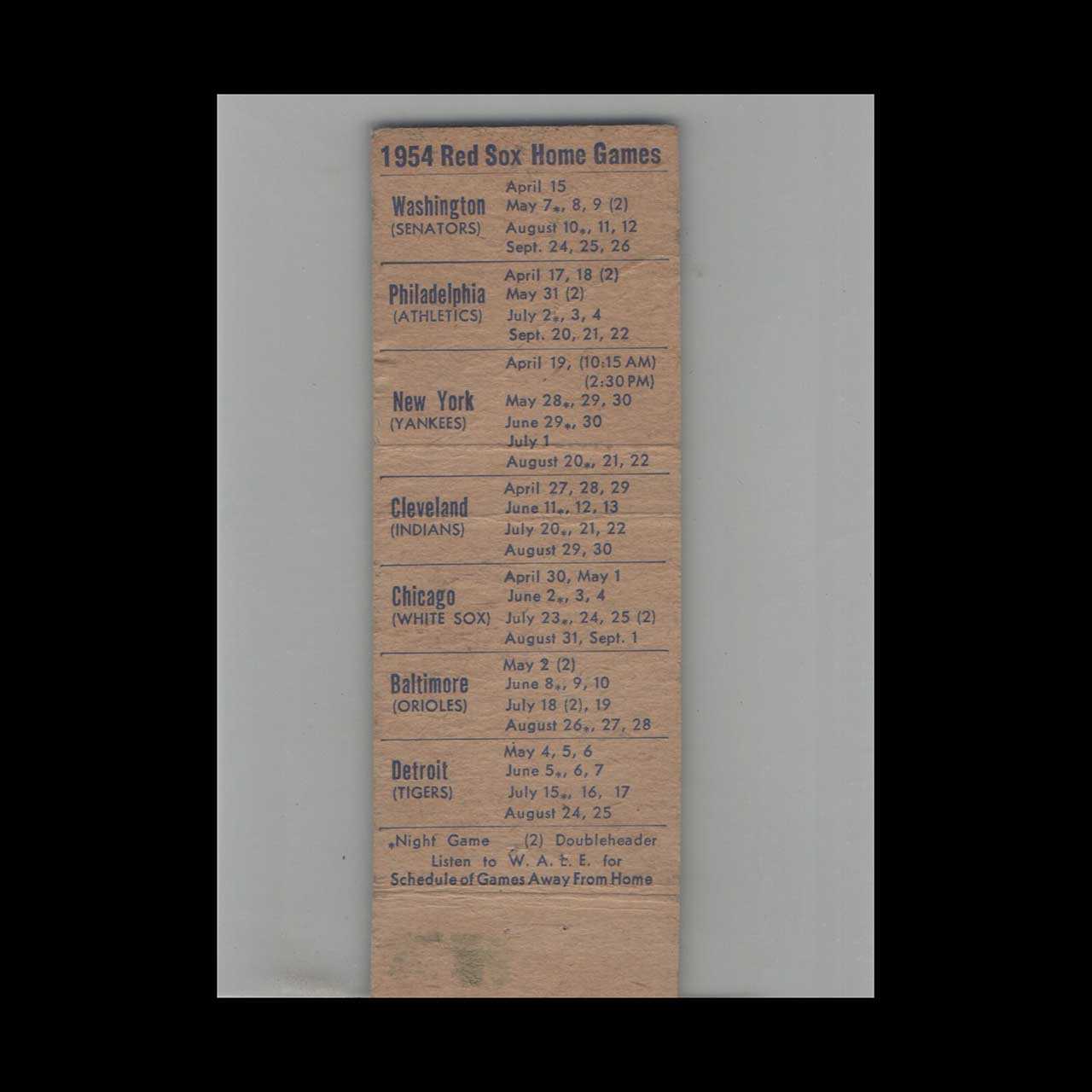 1954 WALE Radio Boston Red Sox Schedule Matchbook Cover 1954 WALE Radio Boston Red Sox Schedule Matchbook Cover