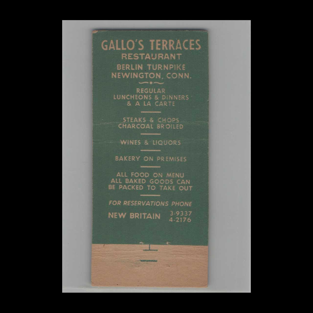 Gallos Terraces Restaurant Matchbook Cover New Britain CT Gallos Terraces Restaurant Matchbook Cover New Britain CT