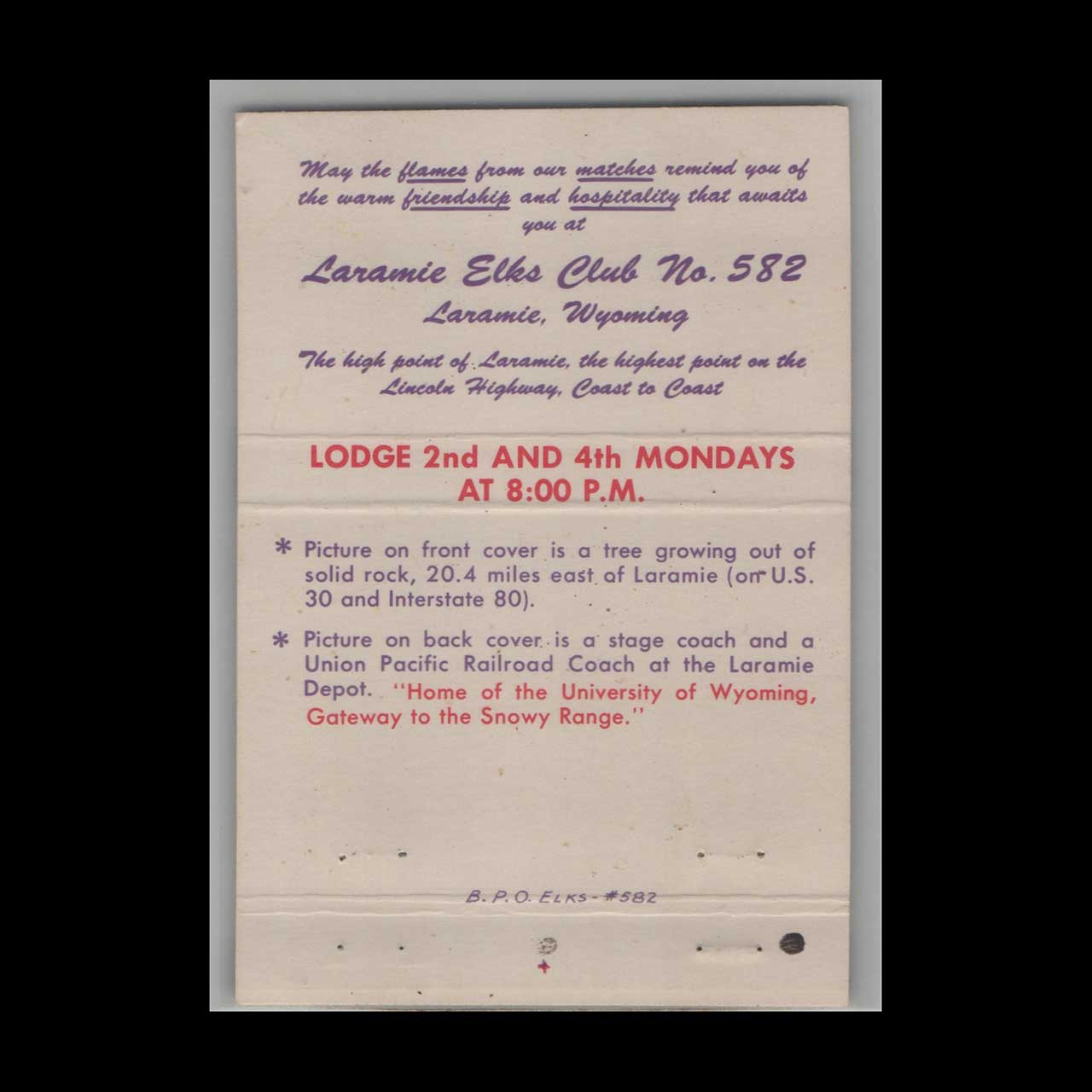 BPOE Elks Lodge 582 Laramie WY Matchbook Cover BPOE Elks Lodge 582 Laramie WY Matchbook Cover