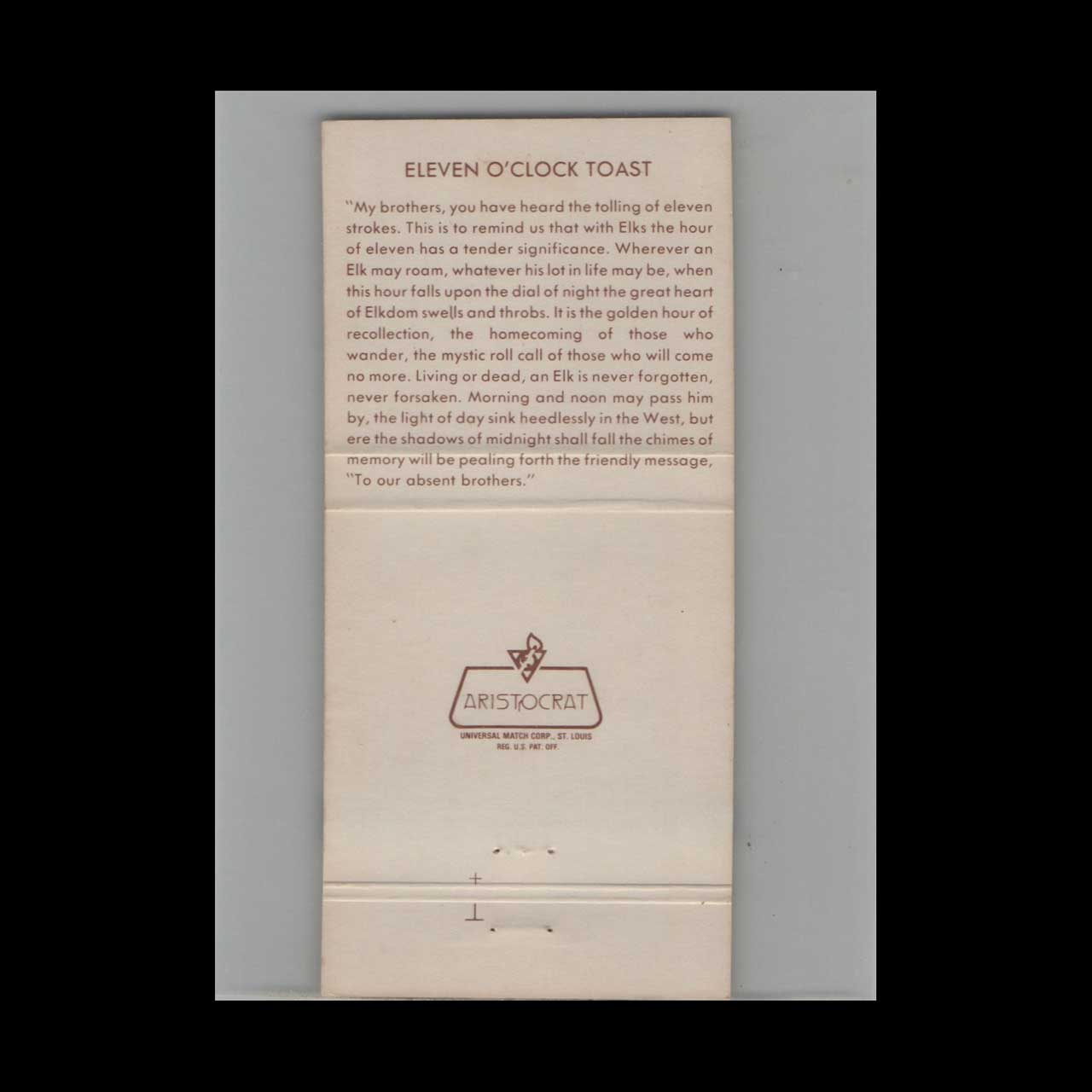 BPOE Elks Lodge 6 Sacramento Matchbook Cover BPOE Elks Lodge 6 Sacramento Matchbook Cover