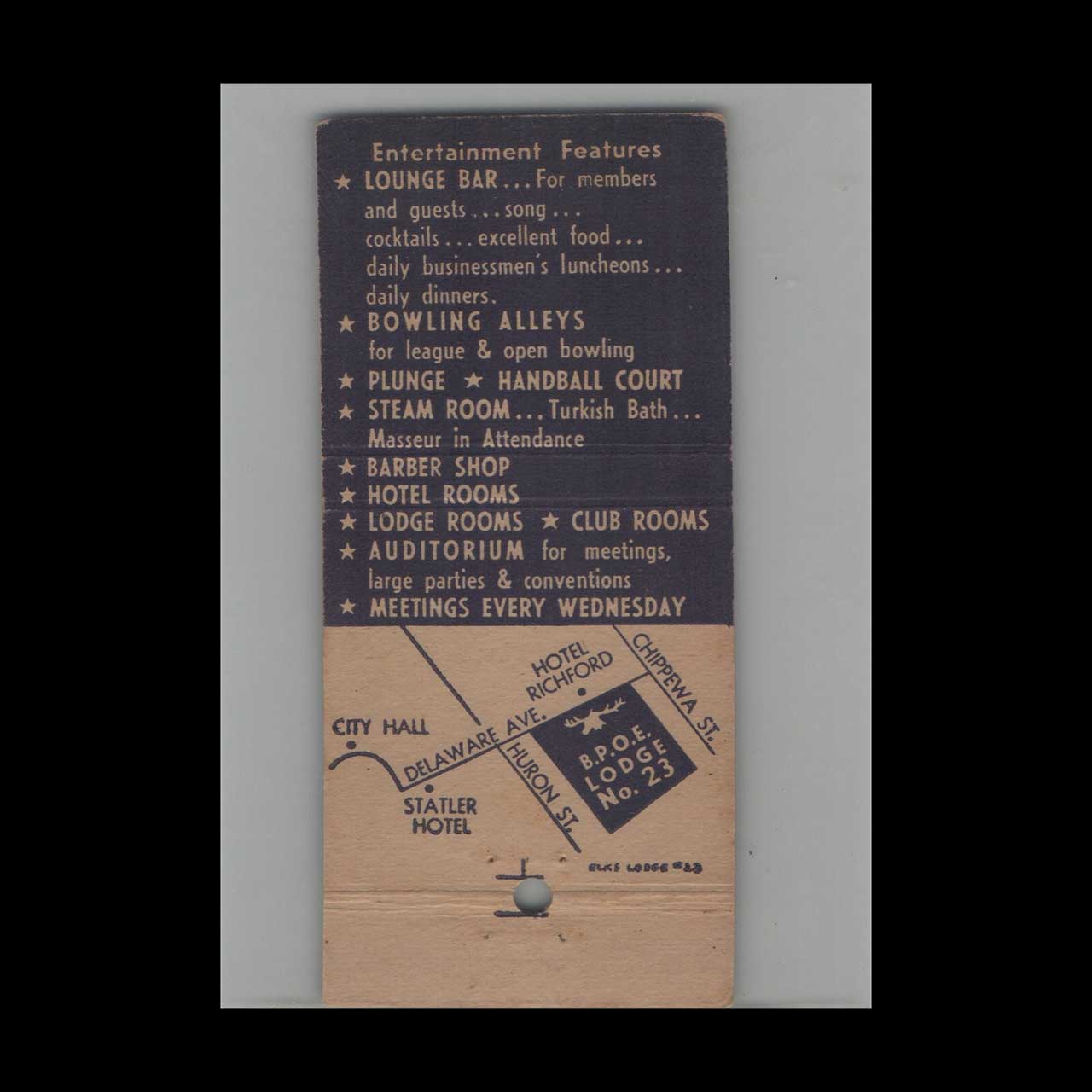 BPOE Elks Lodge 23 Buffalo NY Matchbook Cover BPOE Elks Lodge 23 Buffalo NY Matchbook Cover