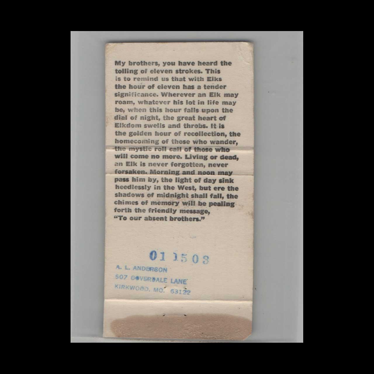 BPOE Elks Lodge 595 Lawrence KS Matchbook Cover BPOE Elks Lodge 595 Lawrence KS Matchbook Cover