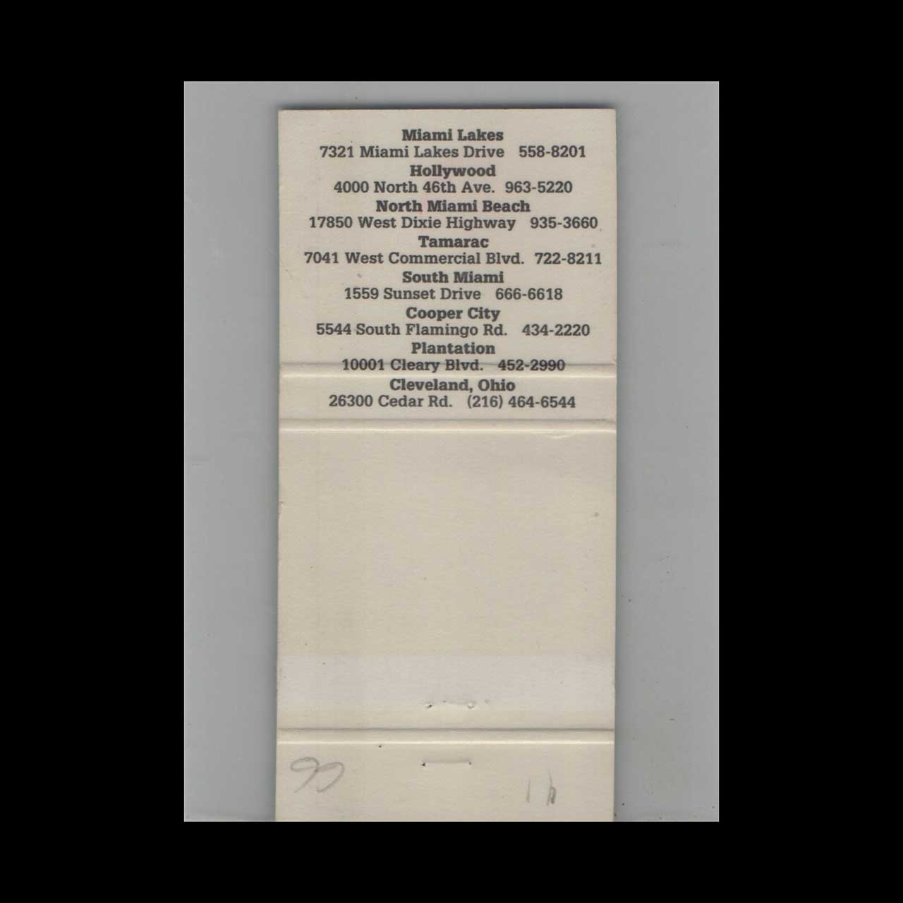 The Beverly Hills Cafe Matchbook Cover North Miami Beach The Beverly Hills Cafe Matchbook Cover North Miami Beach