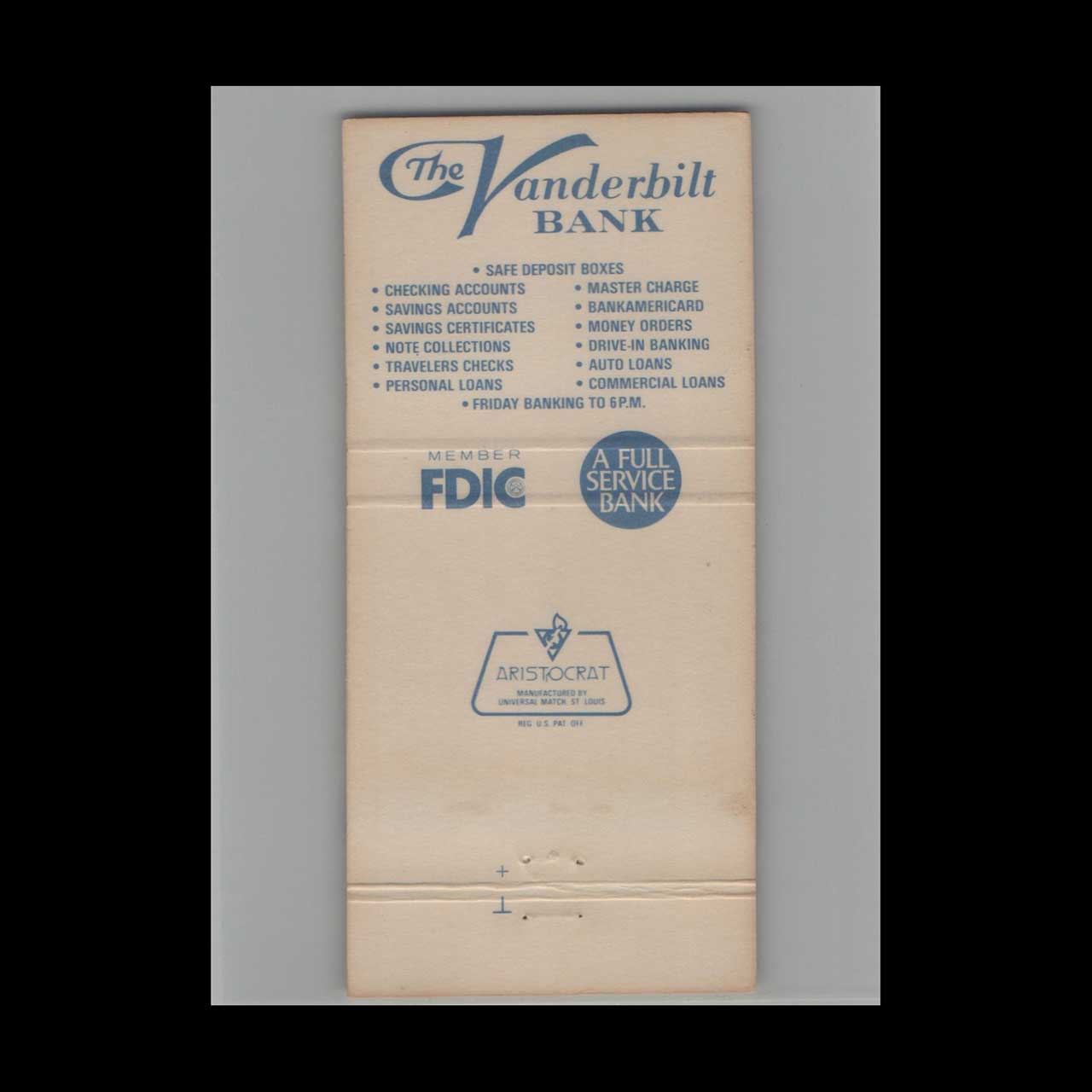 Matchbook Cover The Vanderbilt Bank Naples FL Matchbook Cover The Vanderbilt Bank Naples FL