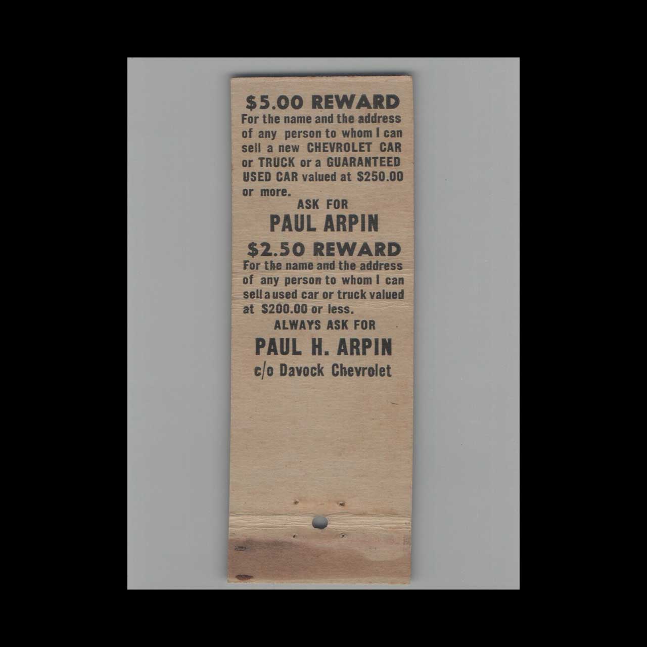 Matchbook Cover Chevy Dealer Davock Chevrolet Fort Lauderdale FL Matchbook Cover Chevy Dealer Davock Chevrolet Fort Lauderdale FL