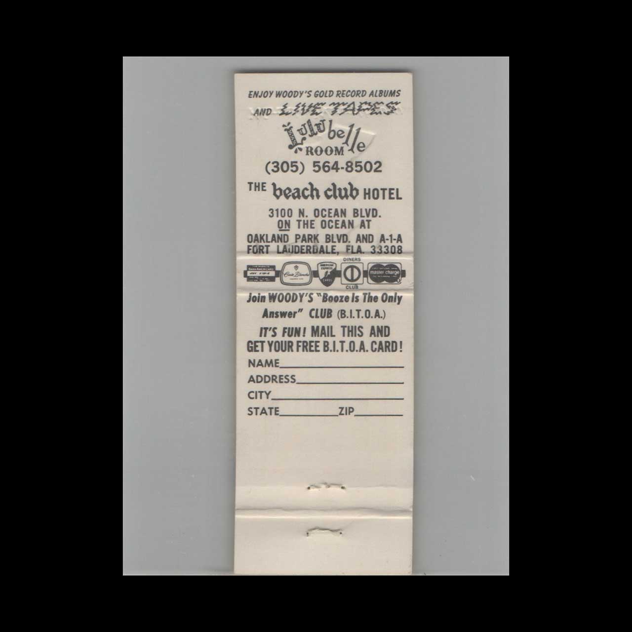 Matchbook Cover Woody Woodbury Beach Club Hotel Ft Lauderdale FL Matchbook Cover Woody Woodbury Beach Club Hotel Ft Lauderdale FL