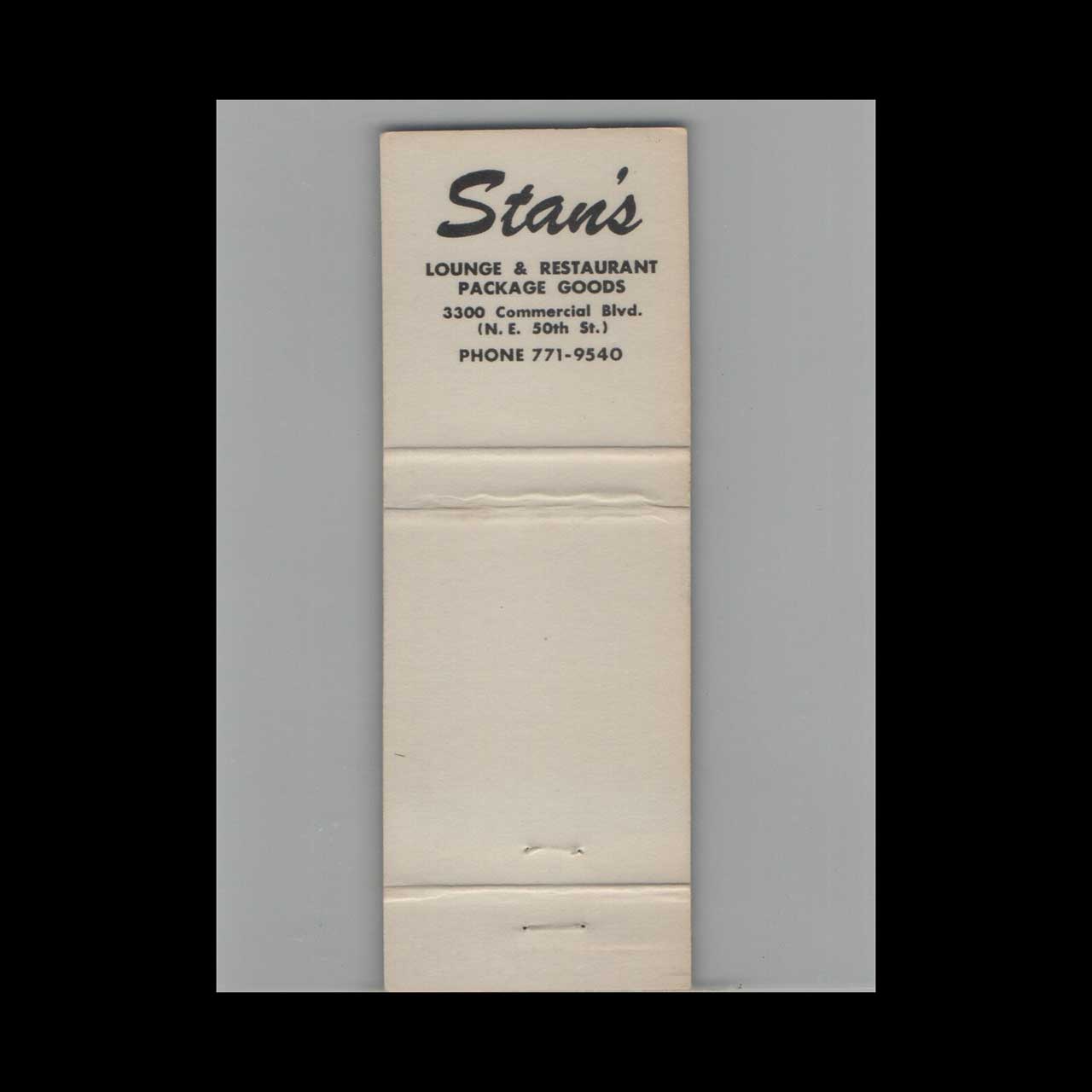 Stans Lounge & Restaurant Matchbook Cover Ft Lauderdale Stans Lounge & Restaurant Matchbook Cover Ft Lauderdale