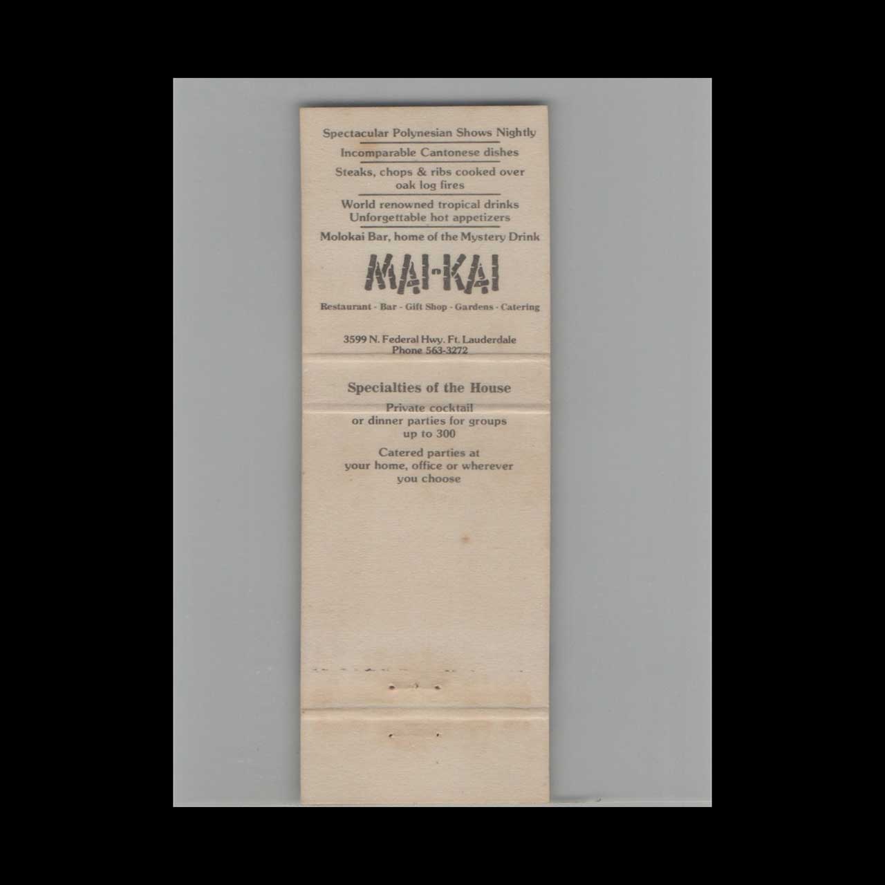 Mai Kai Restaurant Matchbook Cover Ft Lauderdale Mai Kai Restaurant Matchbook Cover Ft Lauderdale