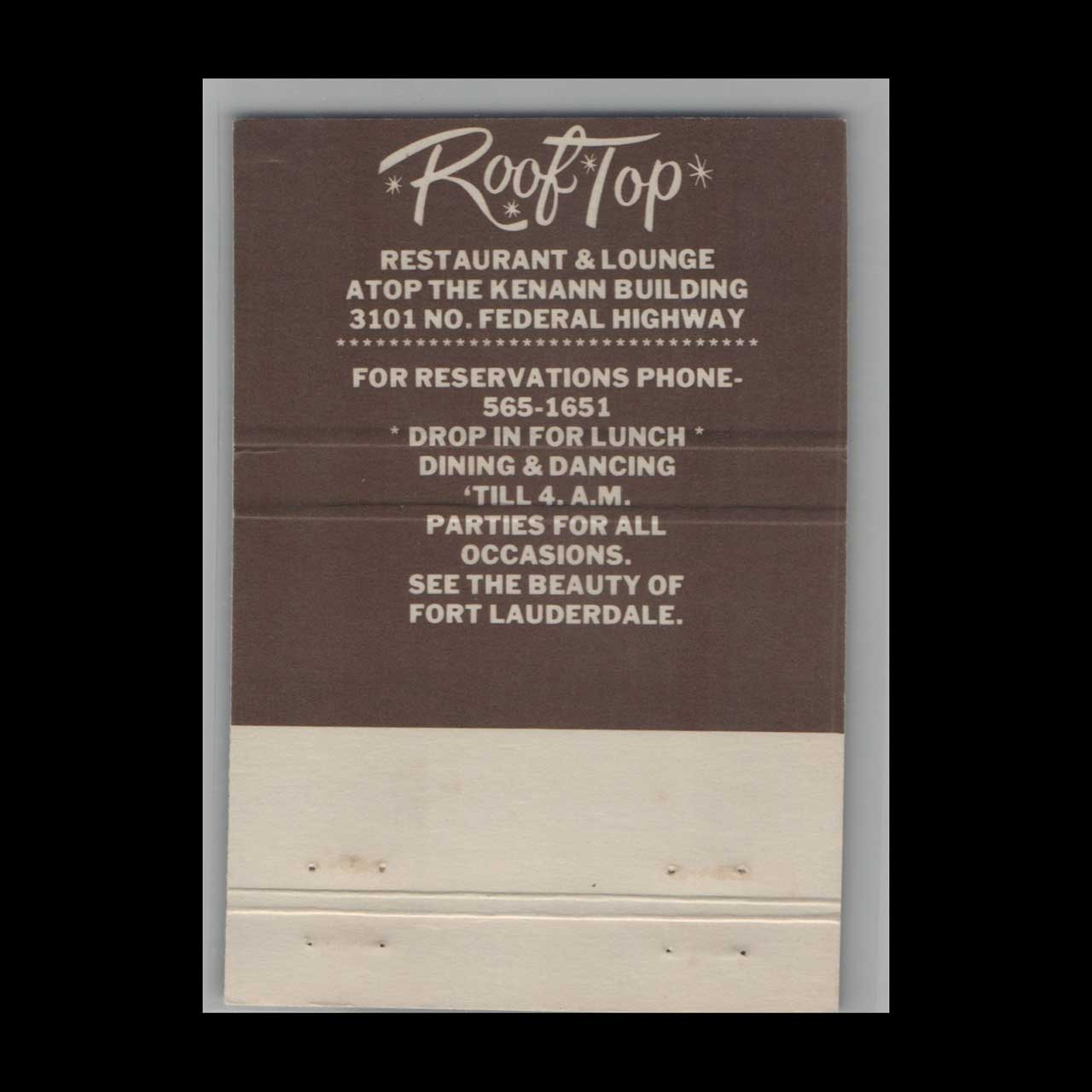 Roof Top Restaurant & Lounge Ft Lauderdale Matchbook Cover Roof Top Restaurant & Lounge Ft Lauderdale Matchbook Cover