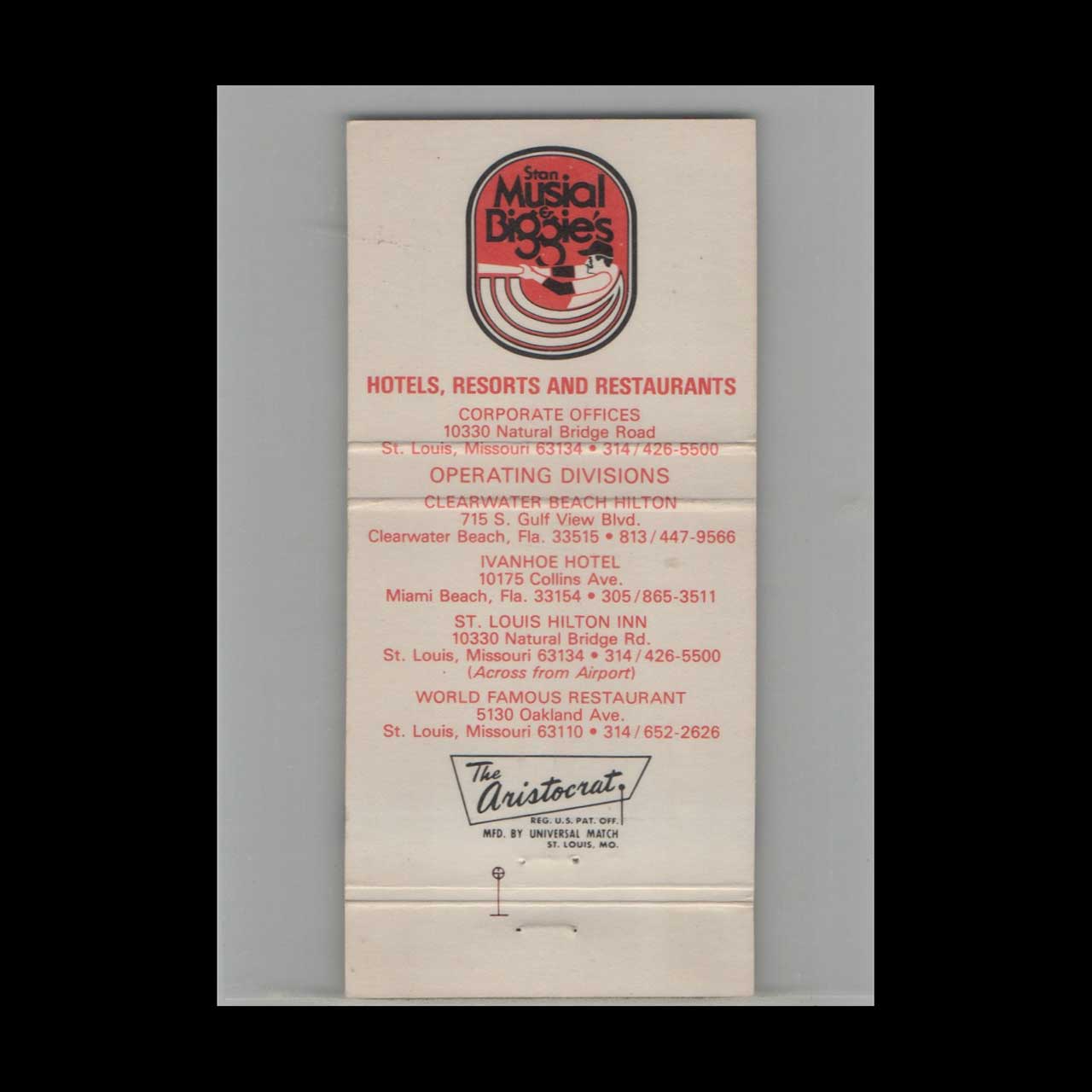 Musial & Biggies Restaurant Matchbook Cover Clearwater FL Musial & Biggies Restaurant Matchbook Cover Clearwater FL