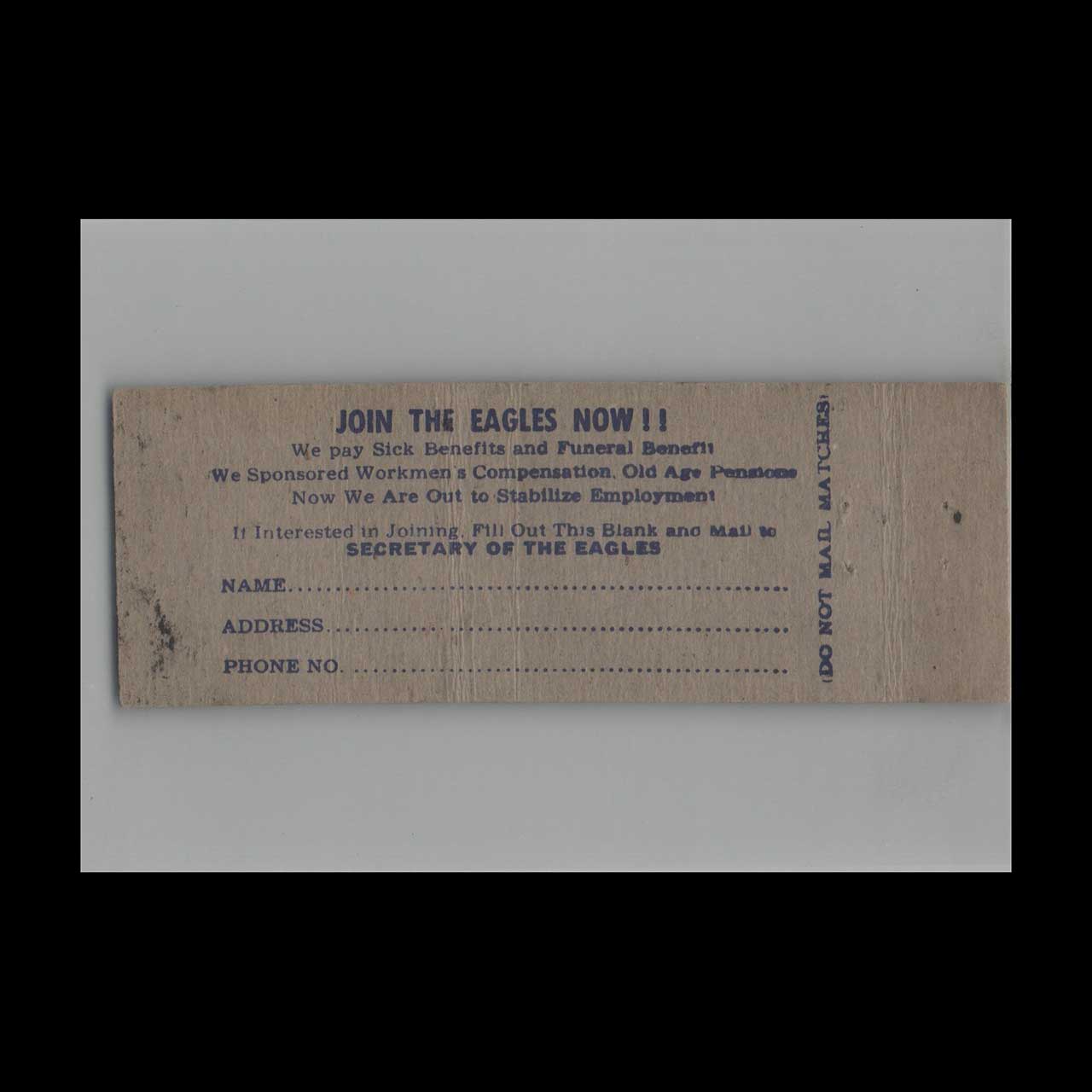 FOE Eagles Aerie 16 Helena MT Matchbook Cover FOE Eagles Aerie 16 Helena MT Matchbook Cover