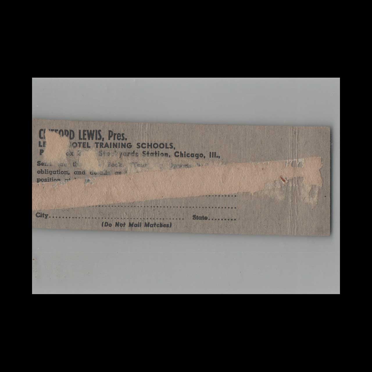 Full Length Matchbook Cover Lewis Hotel Training School Syracuse NY Full Length Matchbook Cover Lewis Hotel Training School Syracuse NY