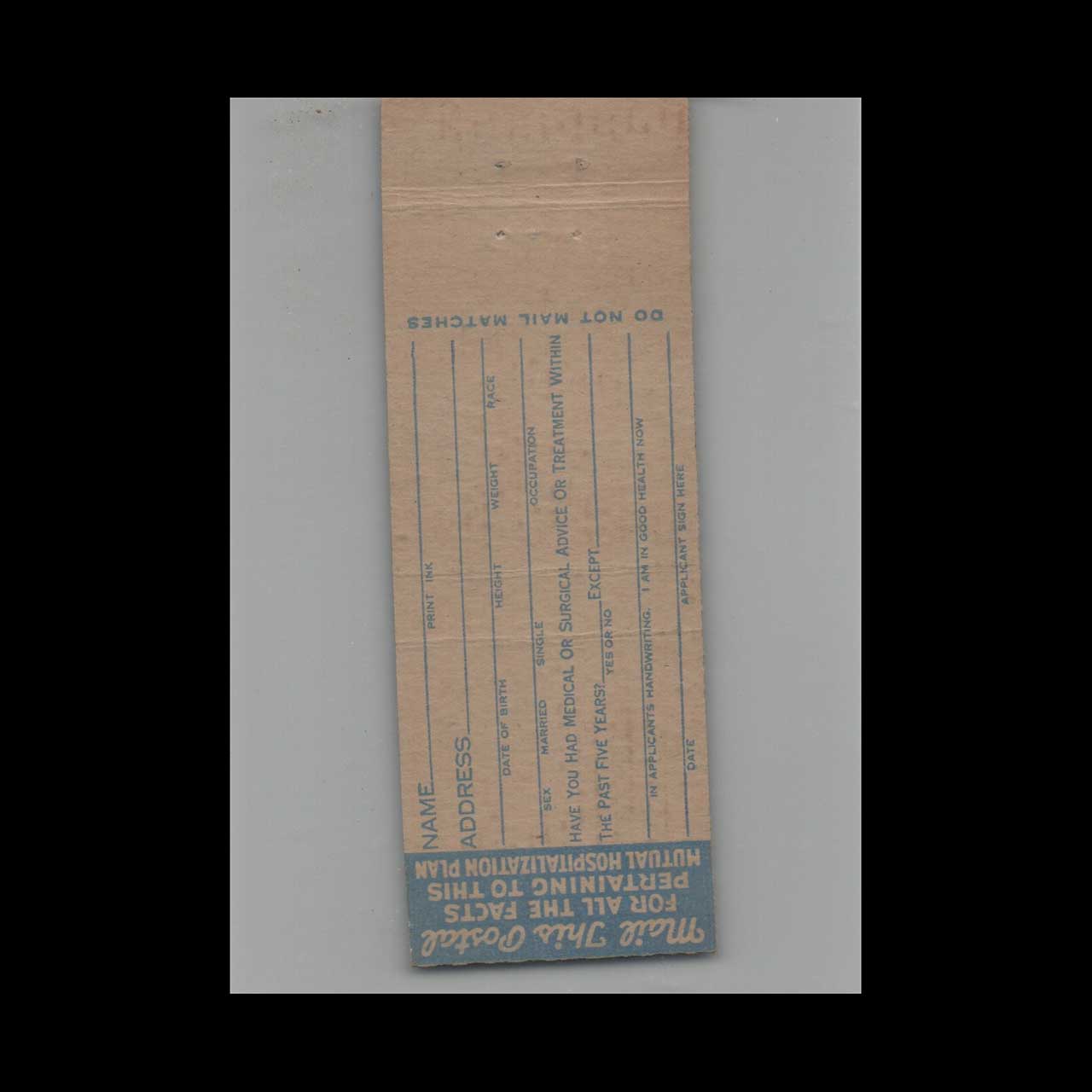 Full Length Matchbook Cover The Mutual Hospitalization Assn Cleveland OH Full Length Matchbook Cover The Mutual Hospitalization Assn Cleveland OH